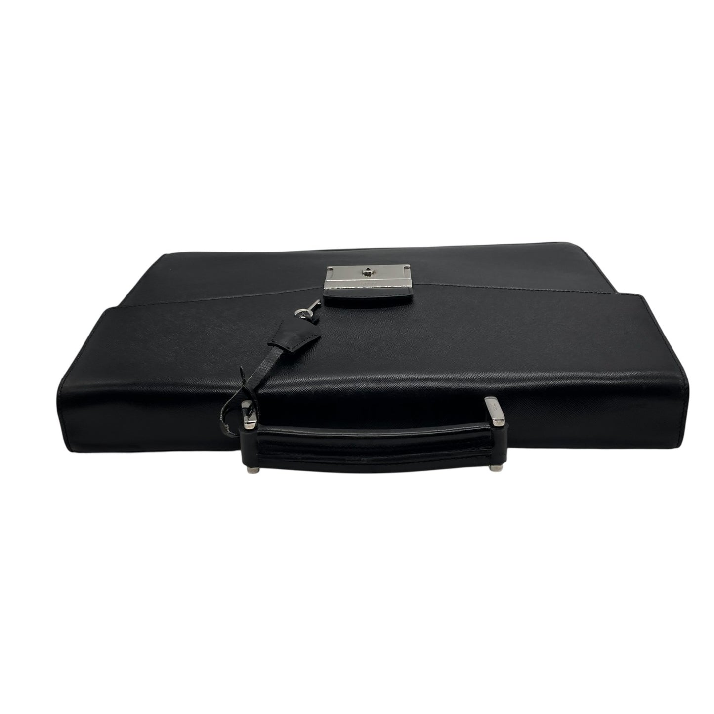 美品 PRADA プラダ ビジネスバッグ ダレスバッグ ブリーフケース 書類かばん 黒 ブラック NERO サフィアーノレザー シルバー金具 ロゴ クロシェット メンズ ビジネス D