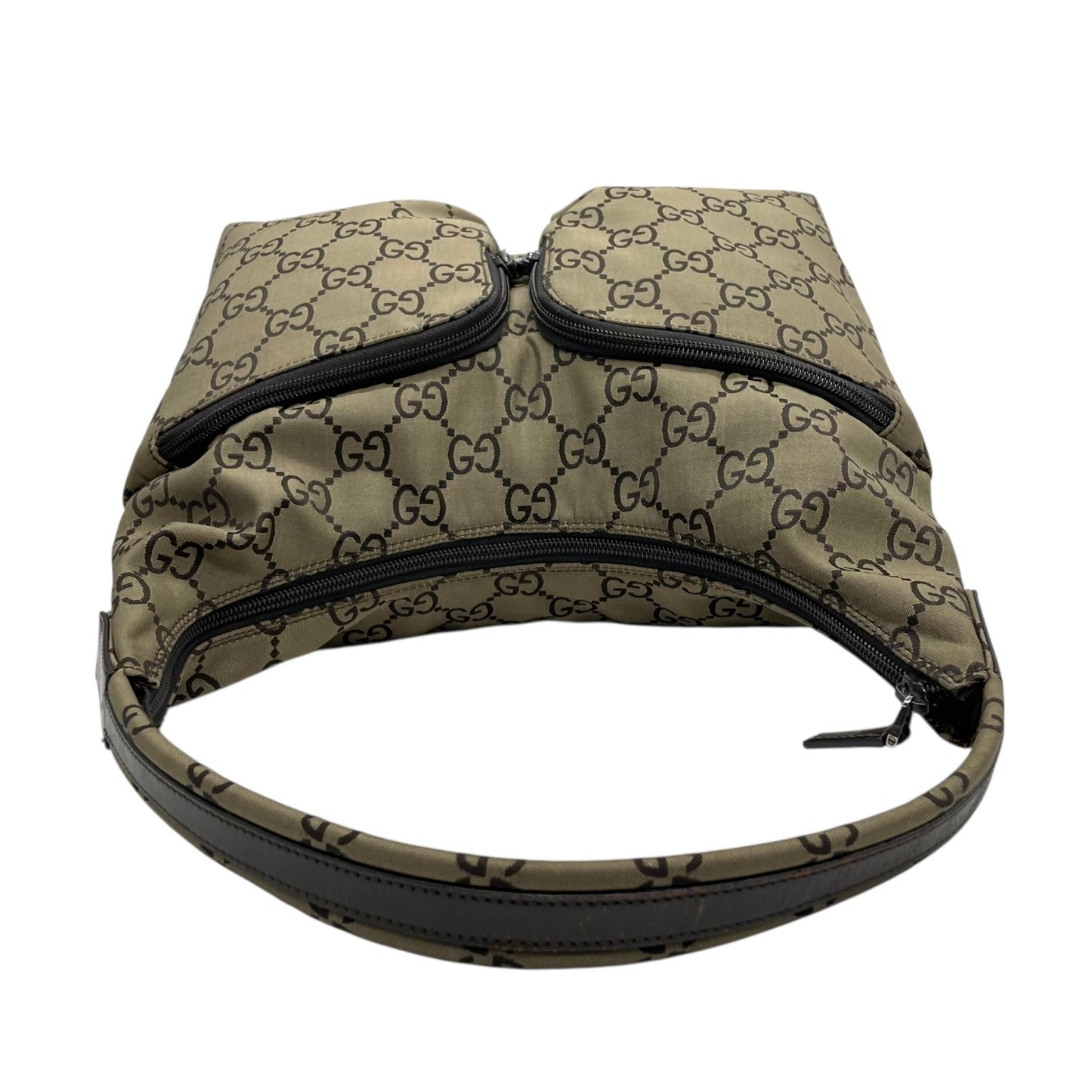 美品 GUCCI グッチ GGキャンバス ワンショルダーバッグ ハンドバッグ カーキ ブラウン キャンバス レザー シルバー金具 GG柄 ダブルポケット レディース K6