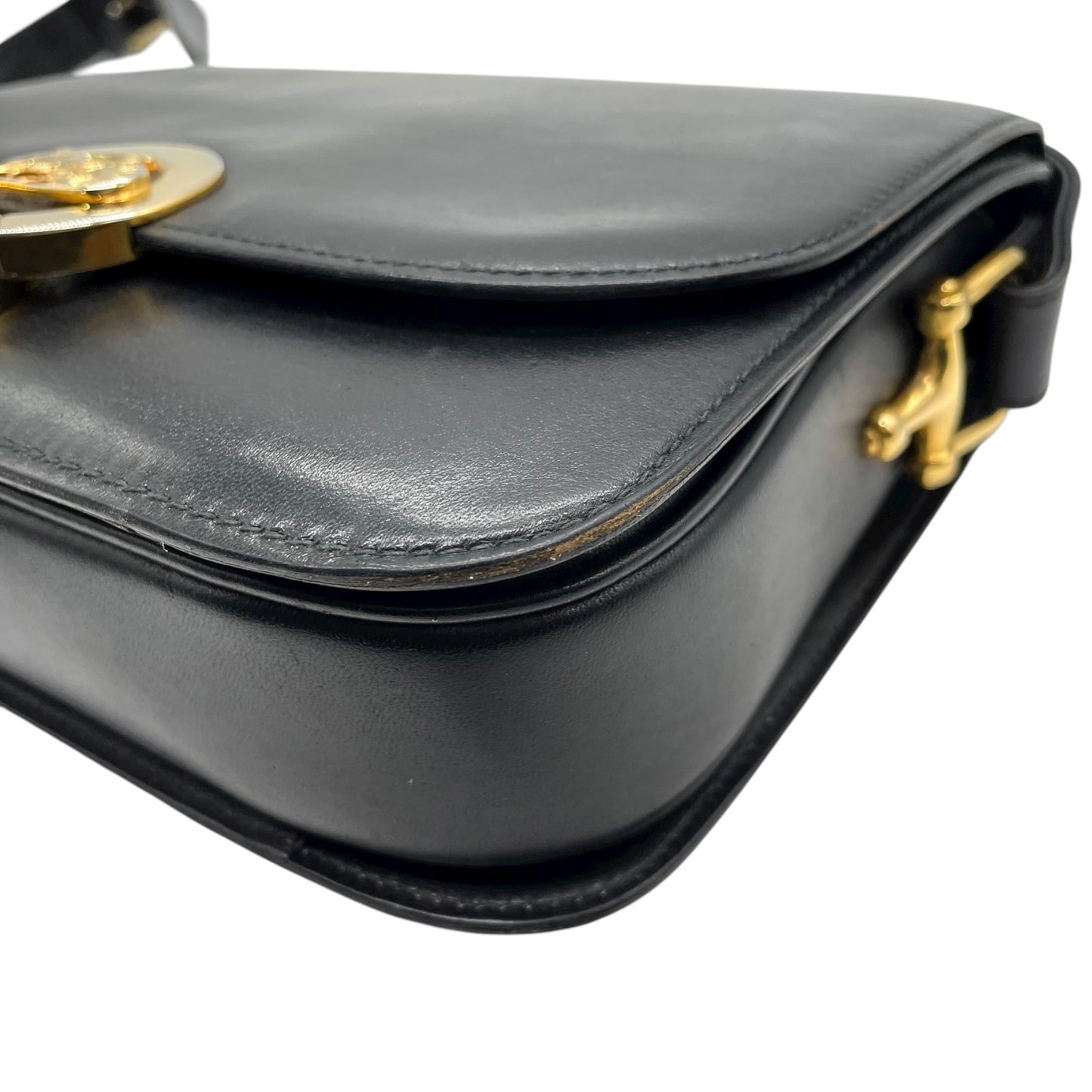 美品 セリーヌ CELINE ホースロゴ ホースキャリッジ金具 ショルダーバッグ 黒 ブラック レザー ヴィンテージ 馬車金具 金金具 ゴールド K5