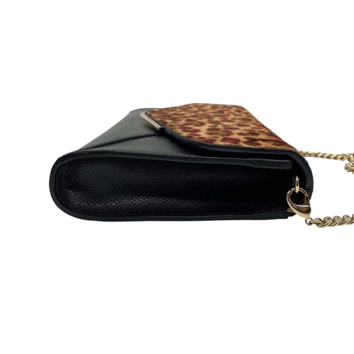 美品 フルラ FURLA チェーンショルダーバッグ チェーンショルダー クラッチバッグ 2WAY レオパード柄 黒 ブラック レザー 型押し 金金具 ゴールド金具 上品 クラッチ S52