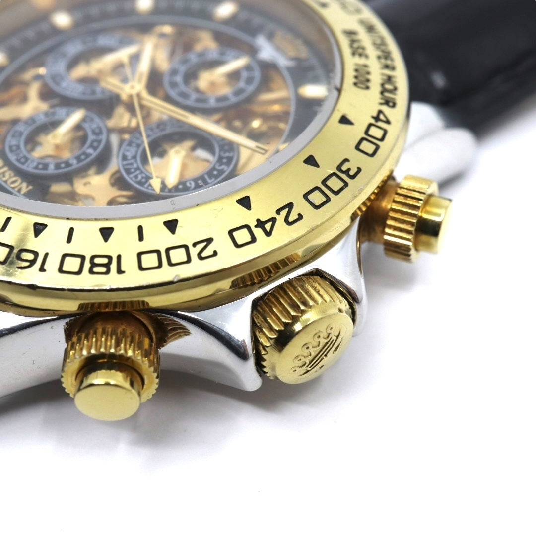 【極美品】ジョン・ハリソン J.Harrison 腕時計 JH-003C スケルトン 自動巻き ゴールド ブラック メンズ レザーベルト アナログ タキメーターベゼル シースルーバック クラシック ゴージャスデザイン G2