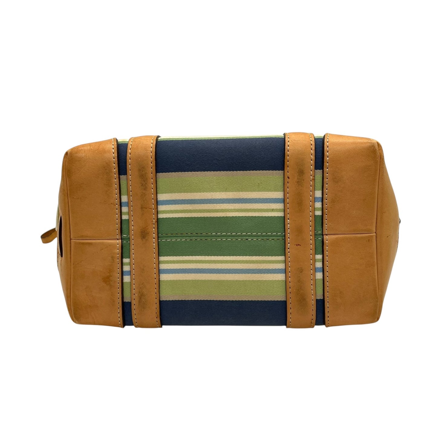 コーチ COACH ハンドバッグ ミニトート マルチストライプ ボーダー キャンバス レザー ロゴチャーム ファスナー開閉 ネイビー ブルー グリーン マルチカラー シルバー金具 手提げ レディース T1