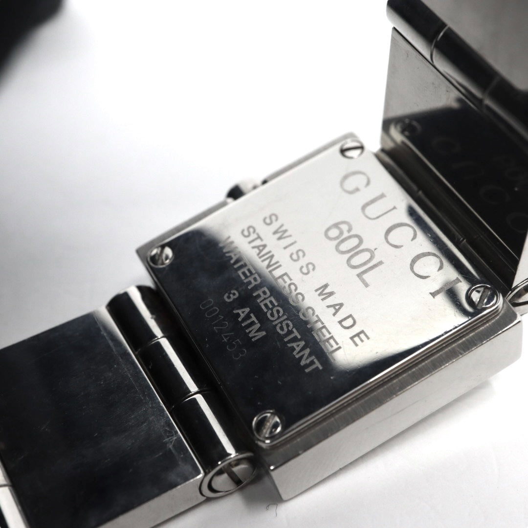 美品 電池交換済 クリーニング済 グッチ GUCCI 600L 腕時計 レディースウォッチ スクエア シルバー文字盤 ステンレススチール クォーツ アナログ バングル ブレスレット エレガント クラシック ドレスウォッチ 稼働品 G3