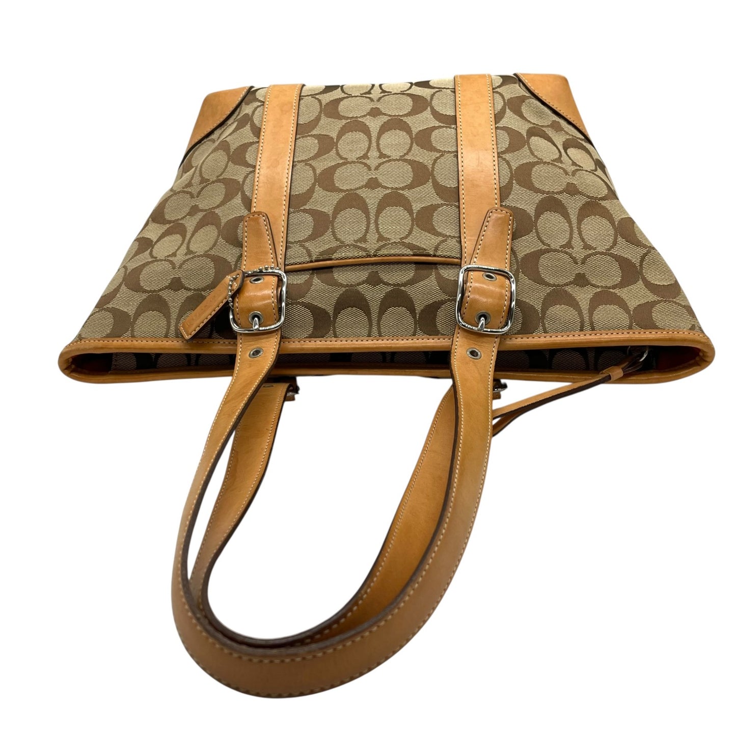 COACH コーチ シグネチャー キャンバス トートバッグ レザー 茶 ブラウン ベージュ シルバー金具 肩掛け可 ファスナー開閉 レディース S11