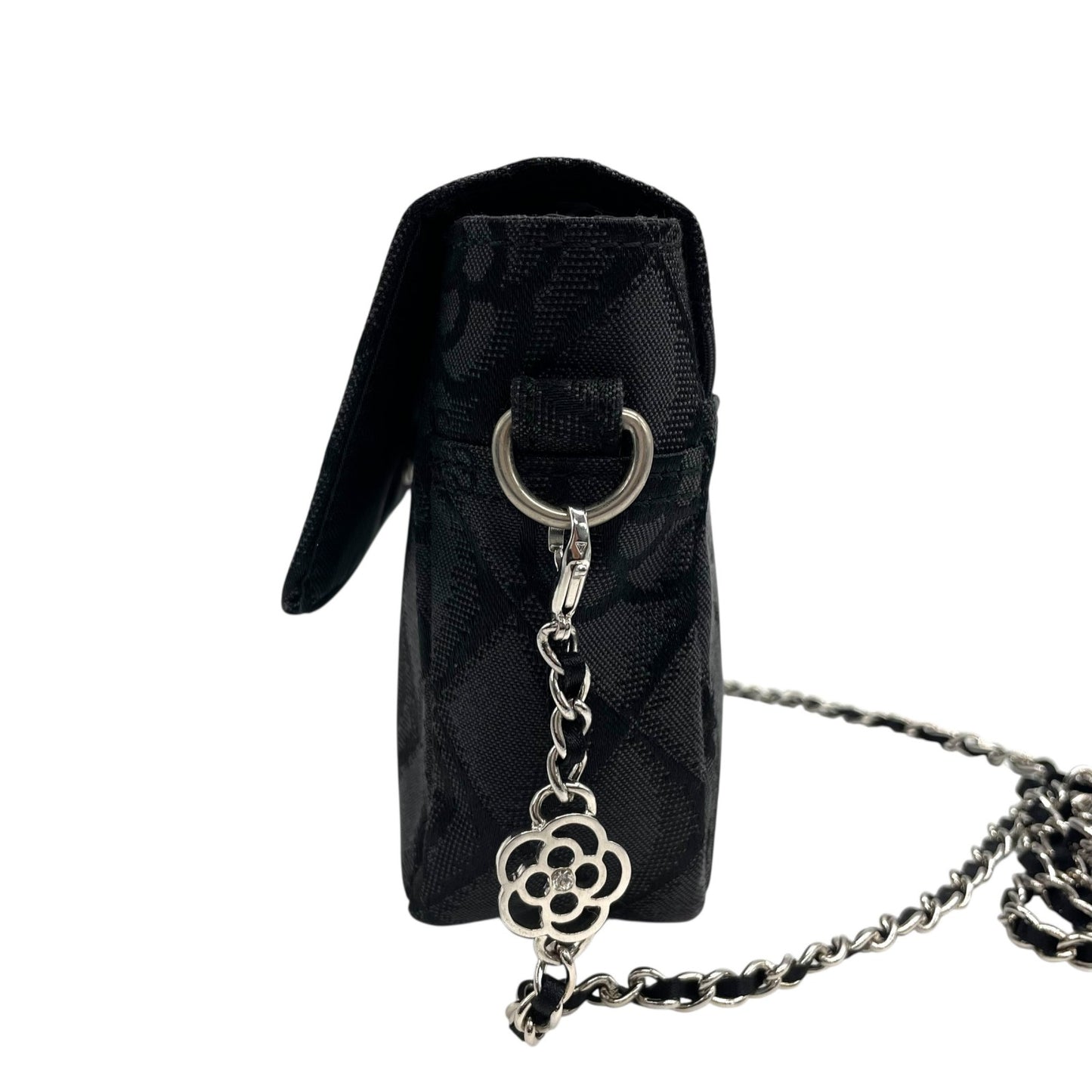 未使用級 クレイサス CLATHAS ショルダーバッグ ミニバッグ 黒 ブラック キャンバス シルバー金具 チェーンショルダー カメリア柄 ロゴ 斜め掛け可 レディース E6