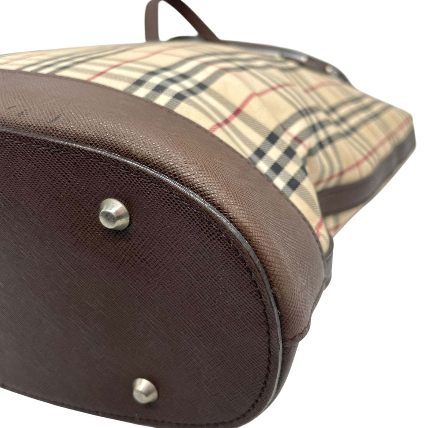 バーバリー BURBERRY トートバッグ ノバチェック キャンバス レザー ベージュ ブラウン 茶 シルバー金具 バケツ型 ロゴ型押し レディース A8