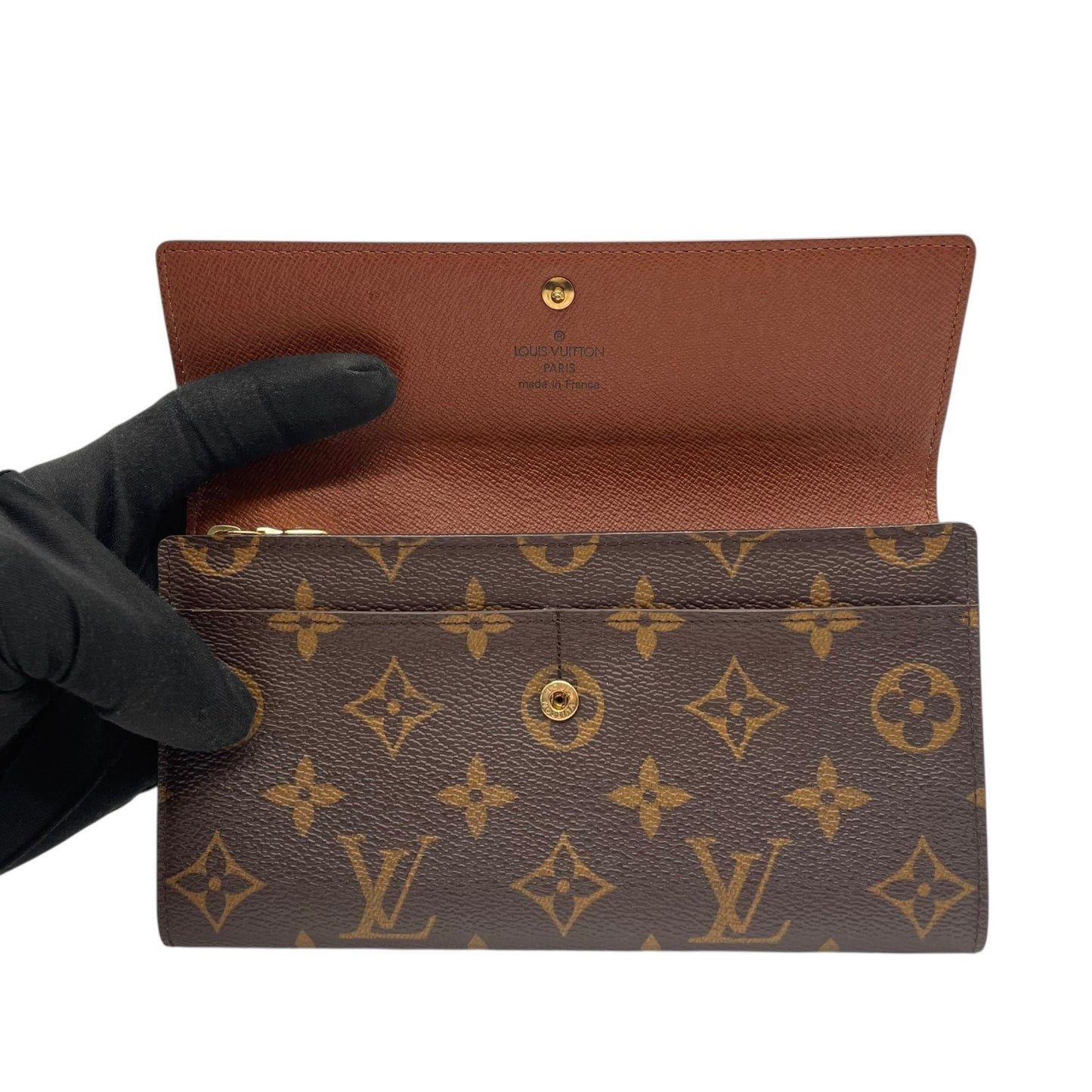 ルイ・ヴィトン LOUIS VUITTON LV モノグラム ポルトフォイユ サラ 長財布 M61734 シリアル刻印 フラップ 茶色 ブラウン 金金具 ゴールド ロゴ金具 W1