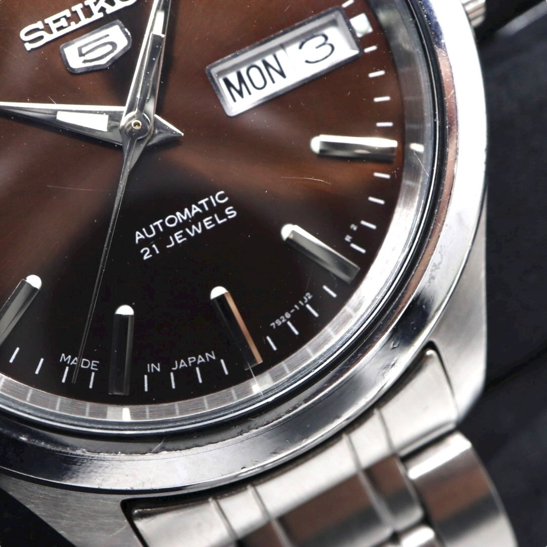 SEIKO セイコー 5 自動巻き メンズ腕時計 ブラウン文字盤 デイデイト ステンレス 裏スケルトン 7S26 Made in Japan G11
