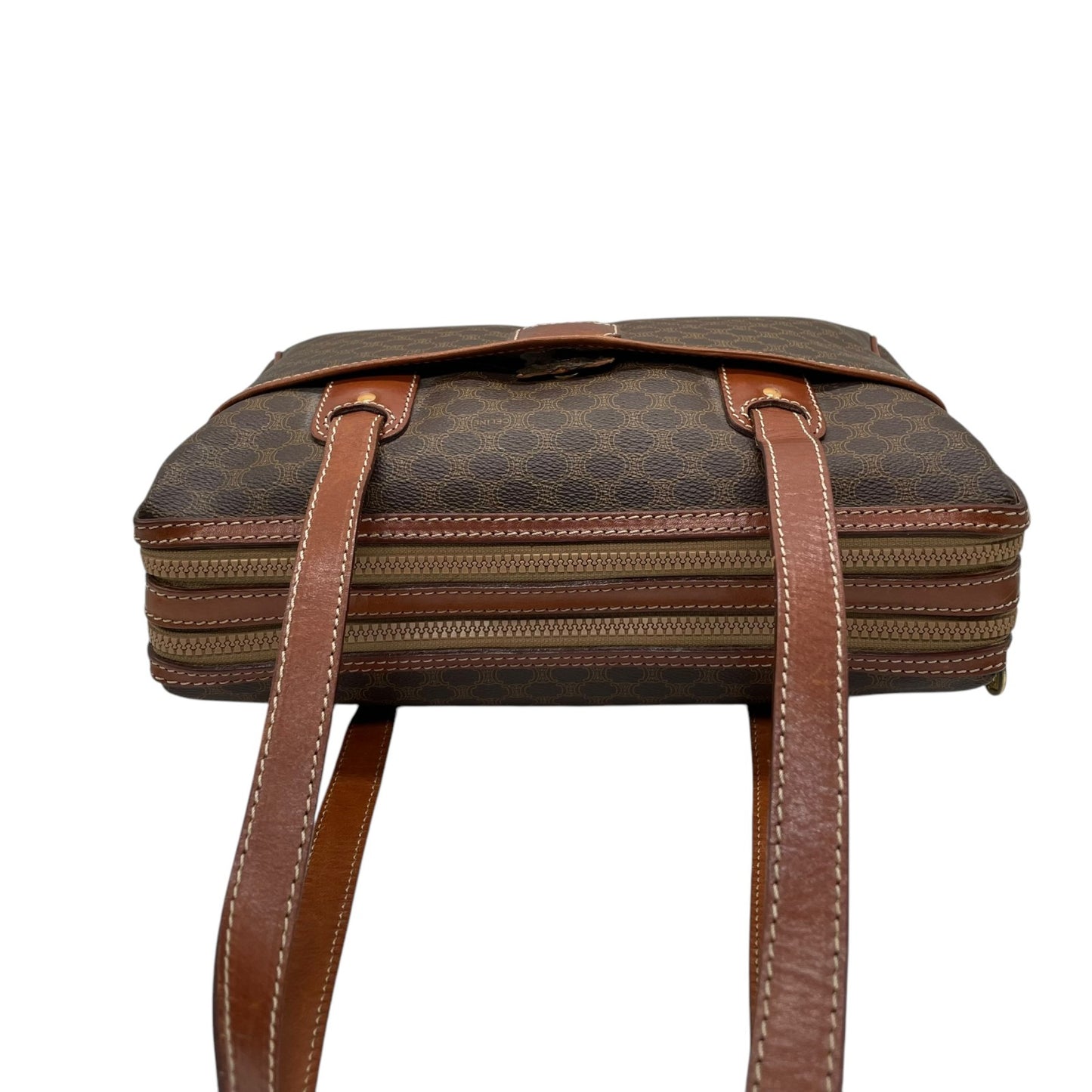 CELINE セリーヌ オールドセリーヌ マカダム柄 ハンドバッグ ショルダーバッグ ワンショルダー 肩掛け PVC レザー 本革 ブラウン 茶色 ゴールド金具 ファスナー開閉 ヴィンテージ K12