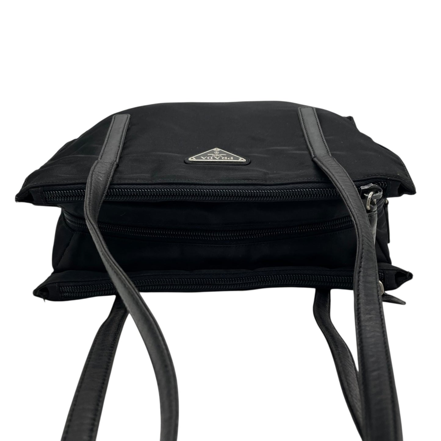 Authentic PRADA Tote Bag Black Nylon Shoulder Bag Triangle Logo Silver Hardware A4 Storage Zipper Women's Tessuto