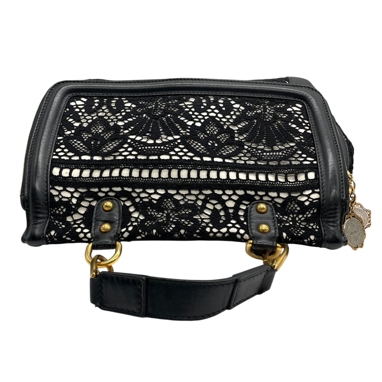 Authentic DOLCE&GABBANA Sicily Heritage 2WAY Handbag Tote Shoulder Bag Black White Ivory Lace Leather Gold Hardware Women's