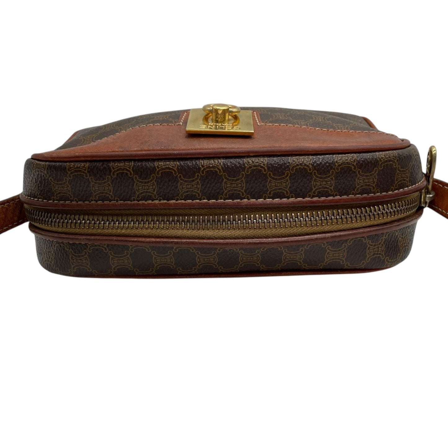 Authentic CELINE Vintage Macadam Shoulder Bag Trionf Camera Bag Brown PVC Leather Gold Hardware Women's Adjustable Strap Crossbody