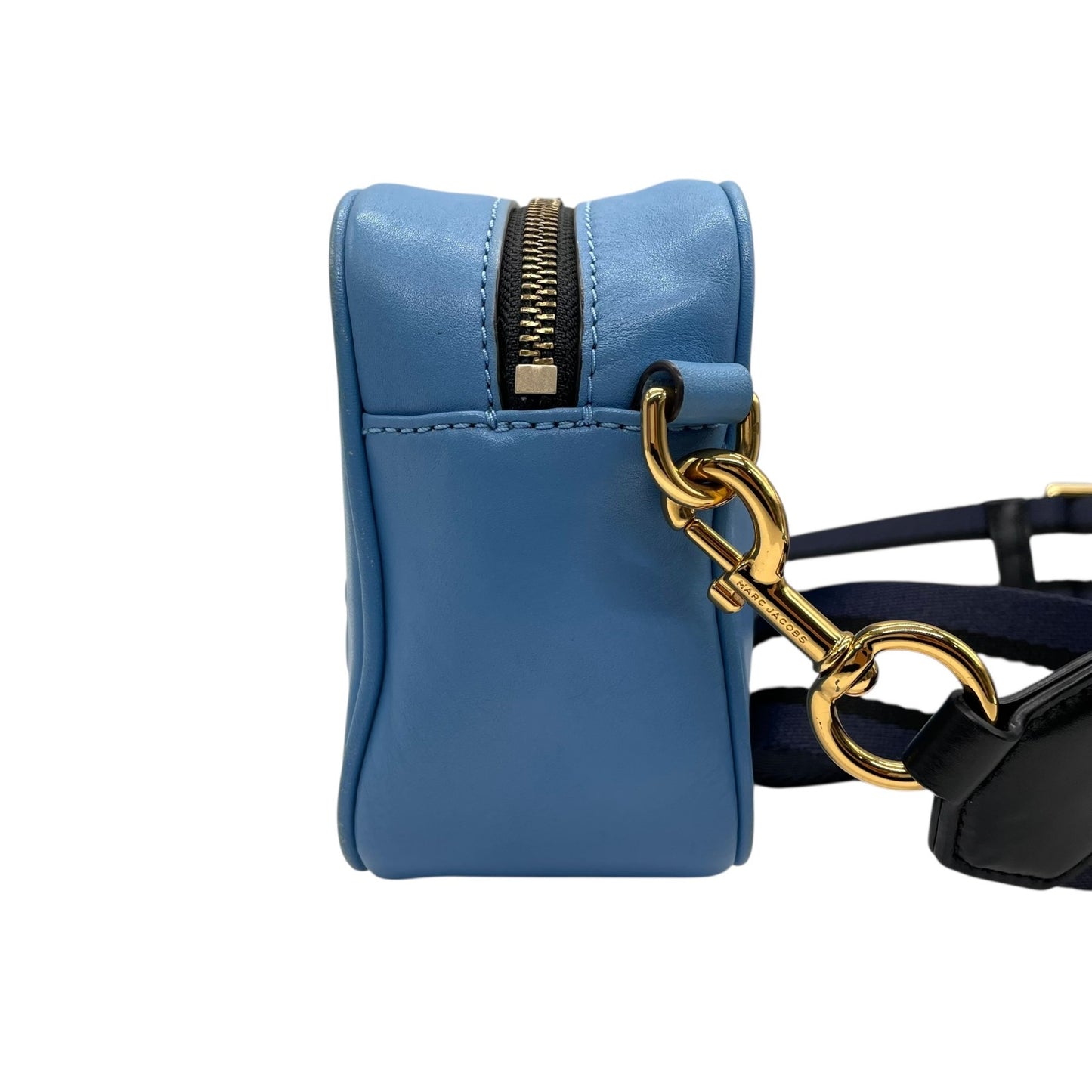 Authentic MARC JACOBS Flash Leather Crossbody Camera Bag Blue Leather Gold Hardware Women's Logo