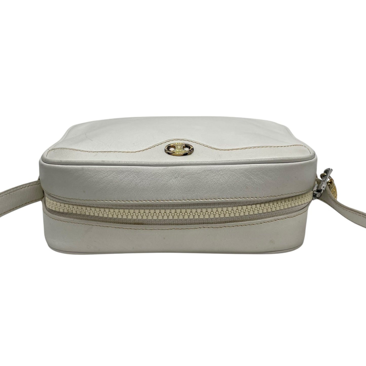 Authentic CELINE White Leather Shoulder Bag Trionf Camera Bag Gold Hardware Vintage Women's