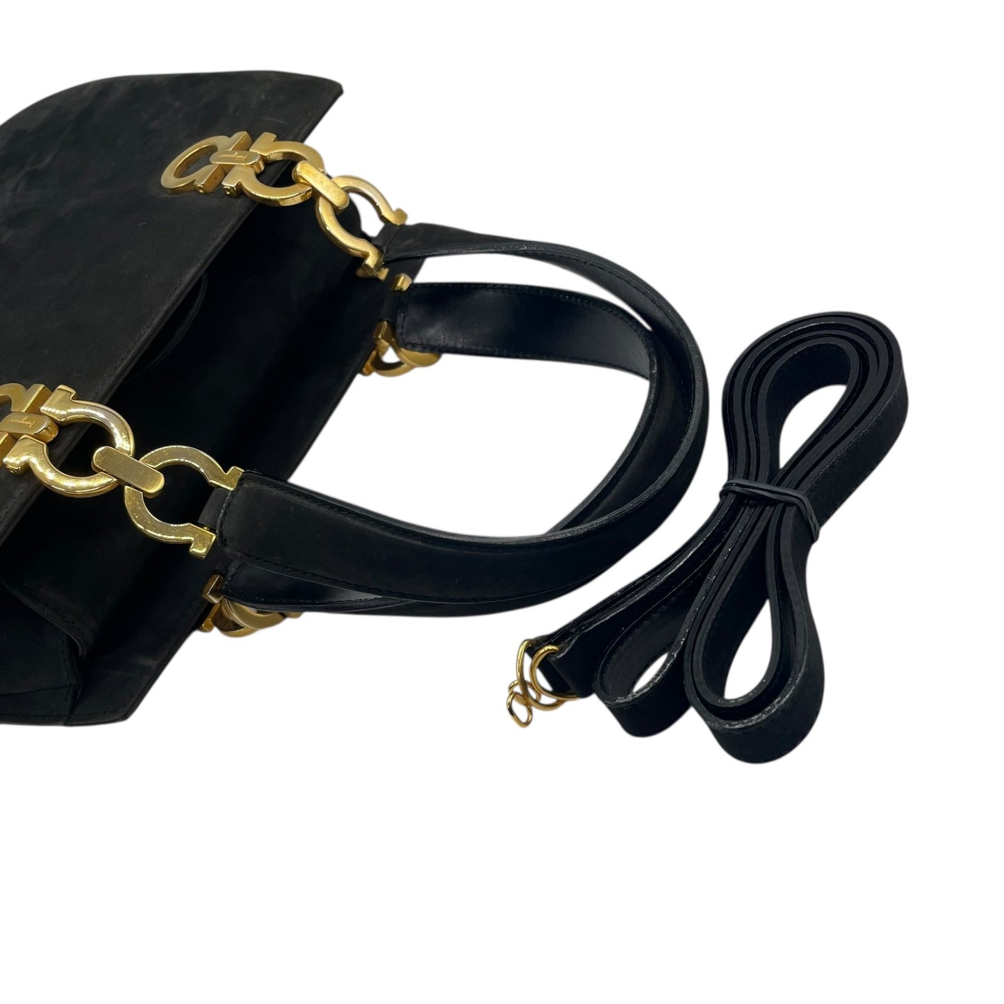 美品 Salvatore Ferragamo フェラガモ ガンチーニ 2WAY ハンドバッグ ショルダーバッグ 黒 ブラック AQ21 ゴールド金具 スエード レディース ヴィンテージ品 E