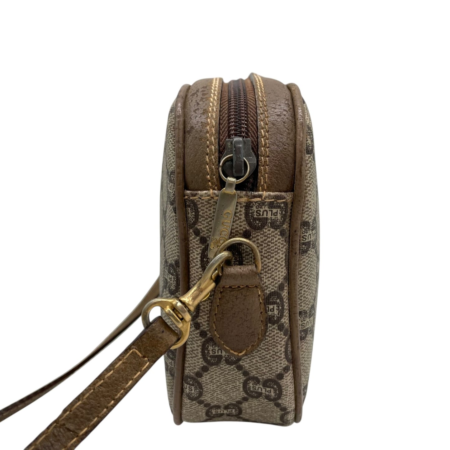 美品 GUCCI オールドグッチ GGプラス ショルダーバッグ PVC レザー グレー ブラウン ゴールド金具 ロゴ 斜め掛け可 カメラバッグ GGスプリーム ヴィンテージ レディース C3