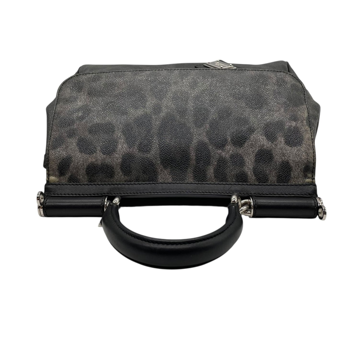 美品 DOLCE&GABBANA ドルチェ＆ガッバーナ シシリー 2WAY ハンドバッグ ショルダーバッグ ドルガバ レオパード ヒョウ柄 レザー PVC 黒 ブラック ダークグレー レディース D&G フラップ開閉 シルバー金具 ギャランティカード付き B2