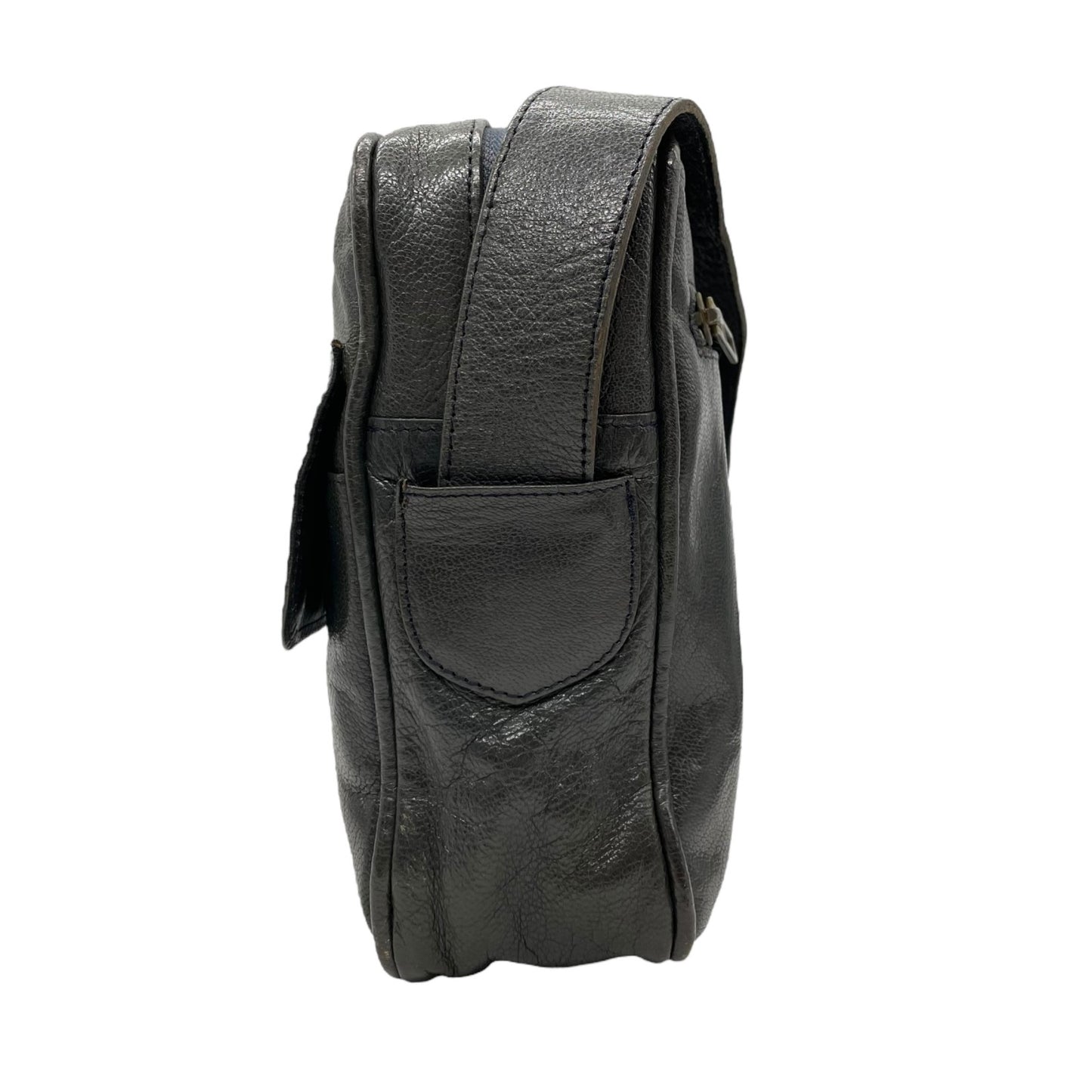 CELINE セリーヌ ダークグレー ショルダーバッグ 裏地総柄 馬車柄 ゴールド金具 ダブルポケット 肩掛け可 ポシェット レザー レディース K5