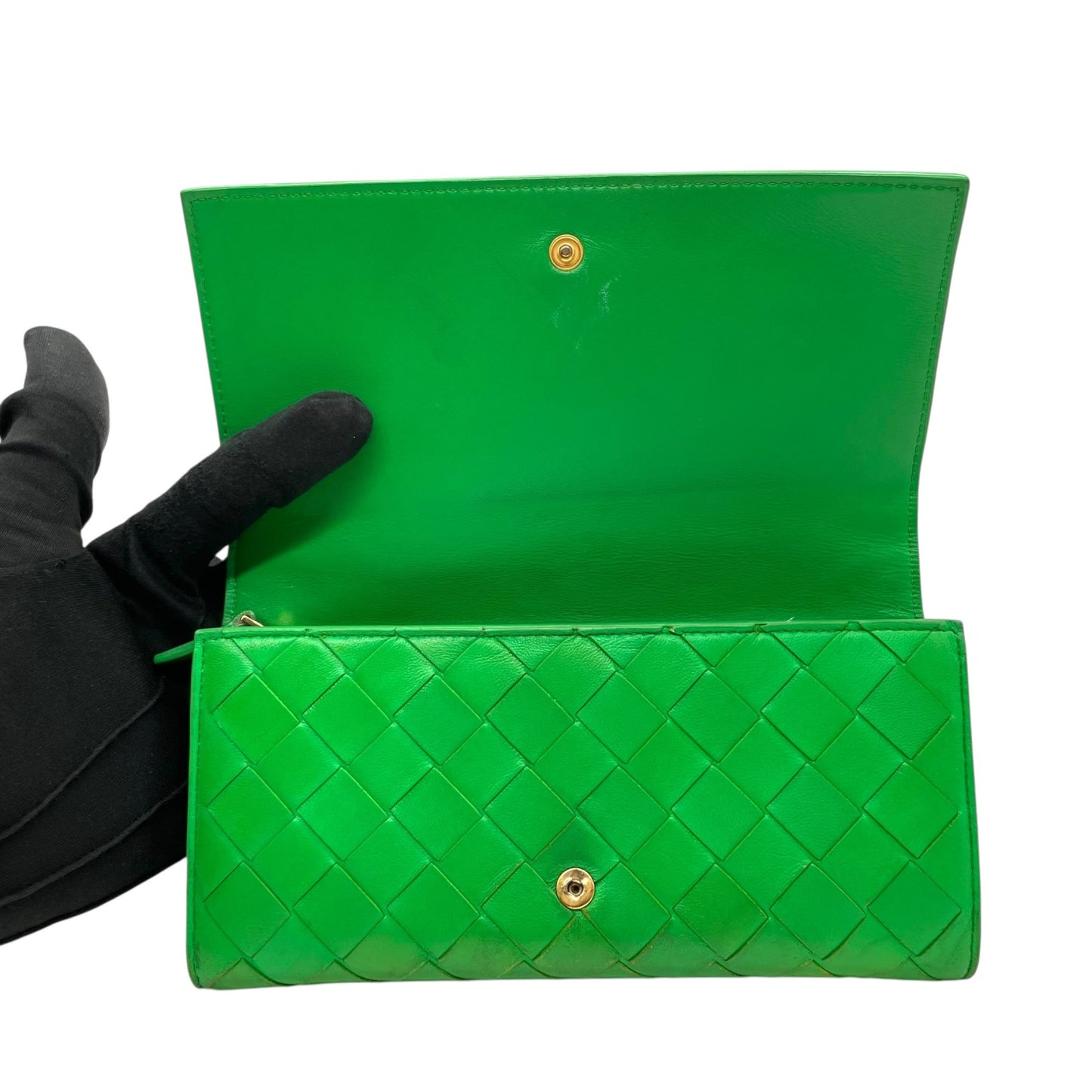 Authentic BOTTEGA VENETA Intrecciato Flap Long Wallet Parakeet Green Leather 666935