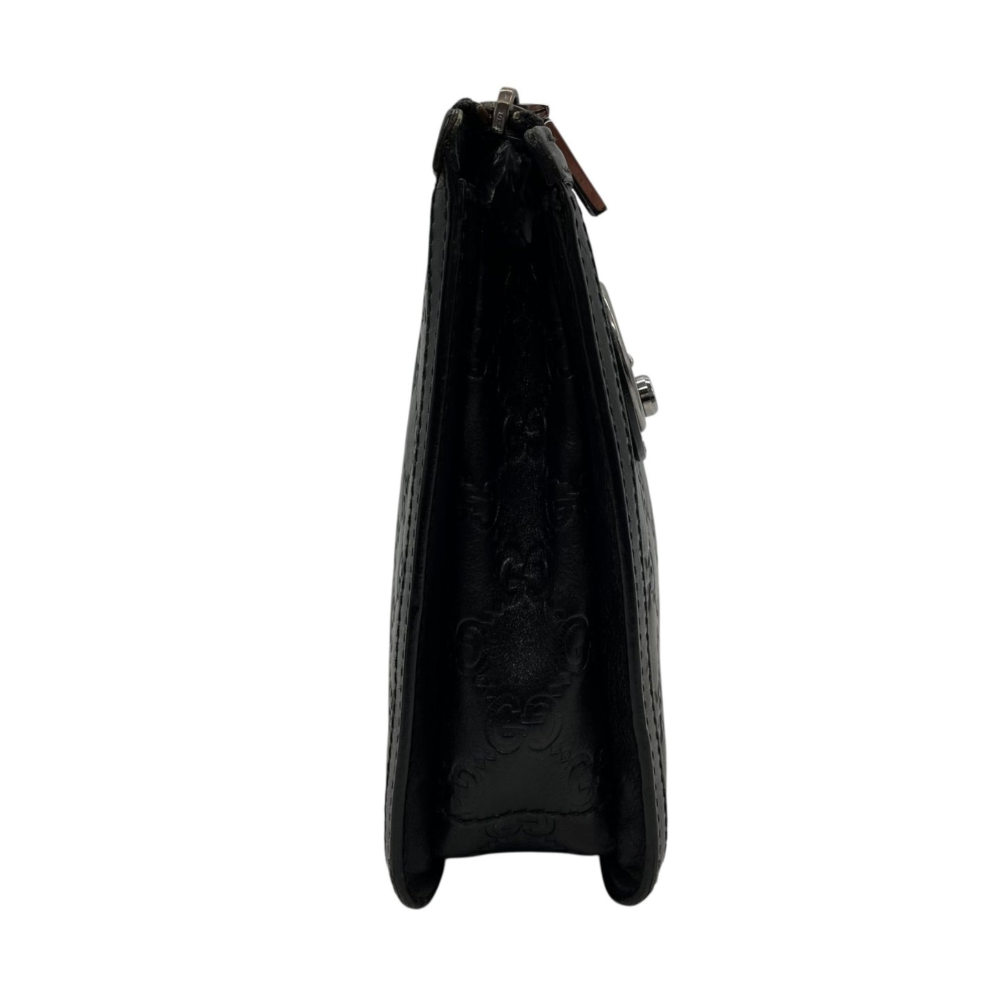 Authentic GUCCI Guccissima GG Clutch Bag Black Leather Silver Hardware With Strap