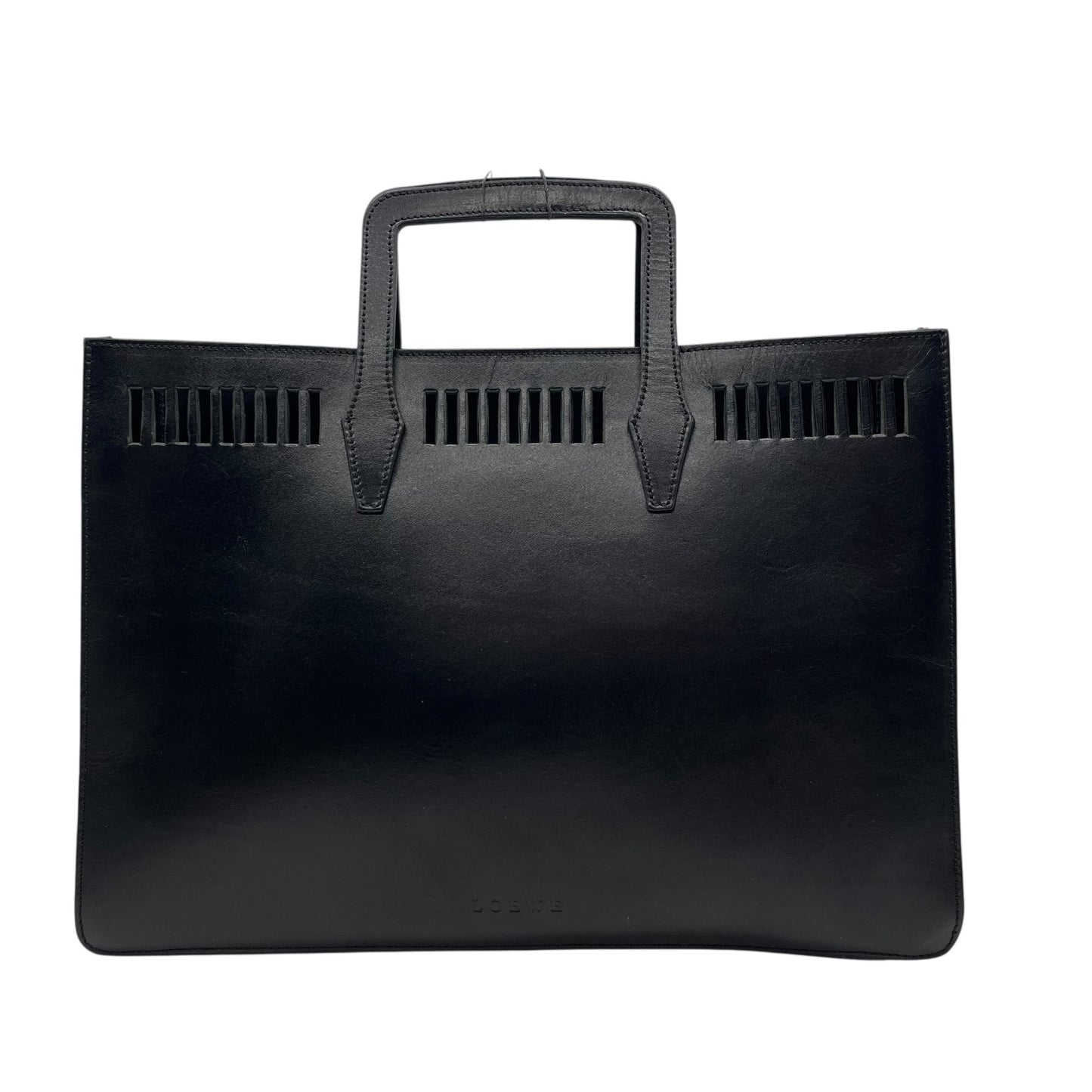 美品 LOEWE ロエベ ハンドバッグ トートバッグ 黒 ブラック レザー シルバー金具 ロゴ型押し 手提げ アナグラム ビジネス メンズ レディース E