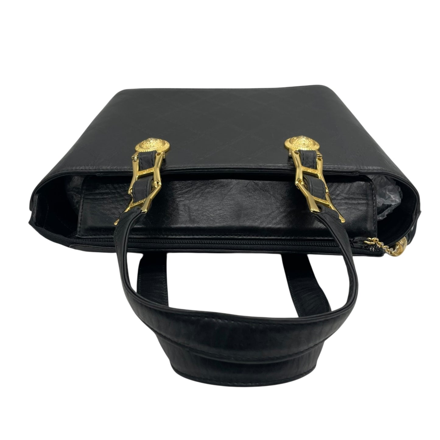 Authentic GIANNI VERSACE Vintage Mini Handbag Tote Black Leather Gold Hardware Fringe Tassel Women