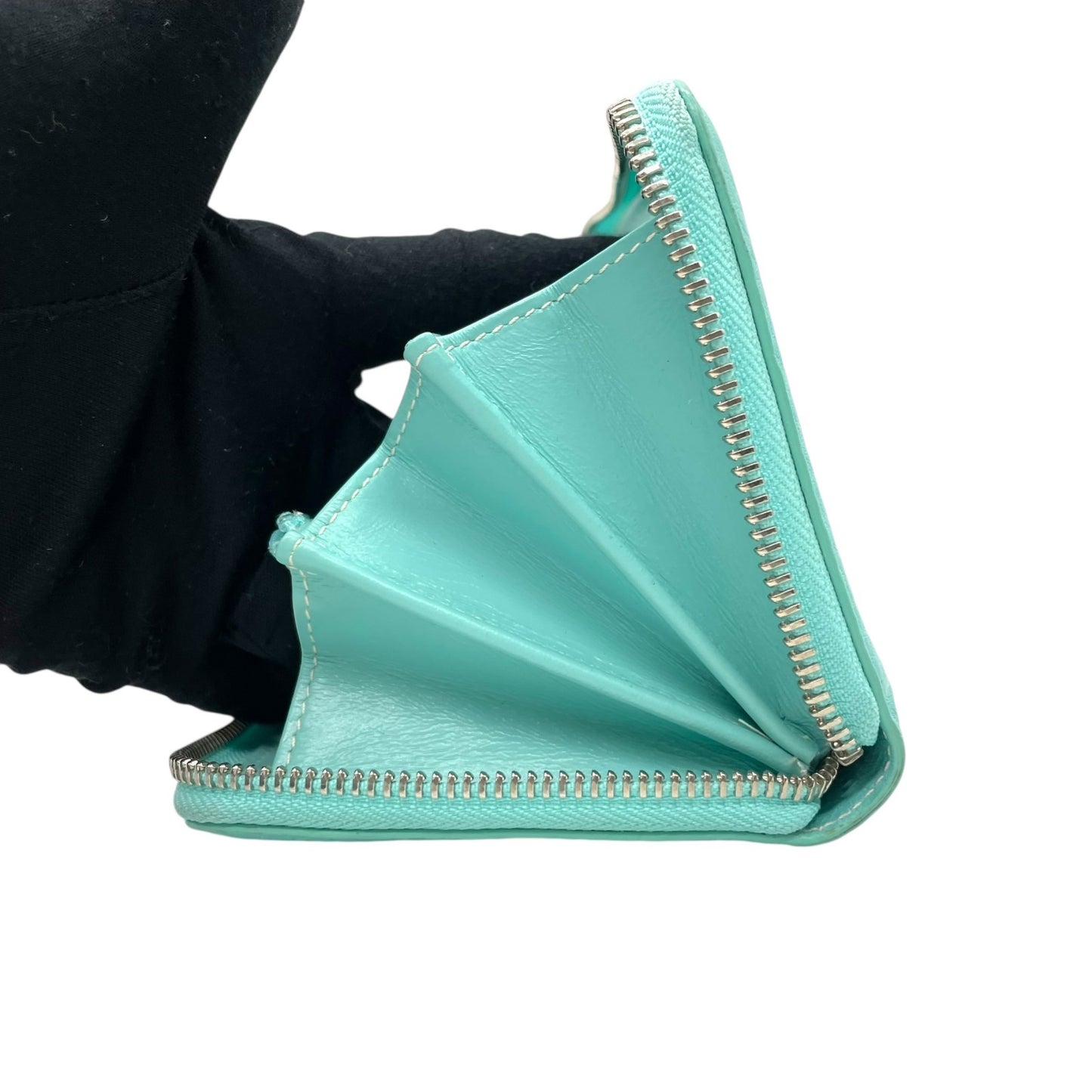 Authentic Tiffany & Co. Long Wallet Round Zipper Leather Silver Hardware with Box