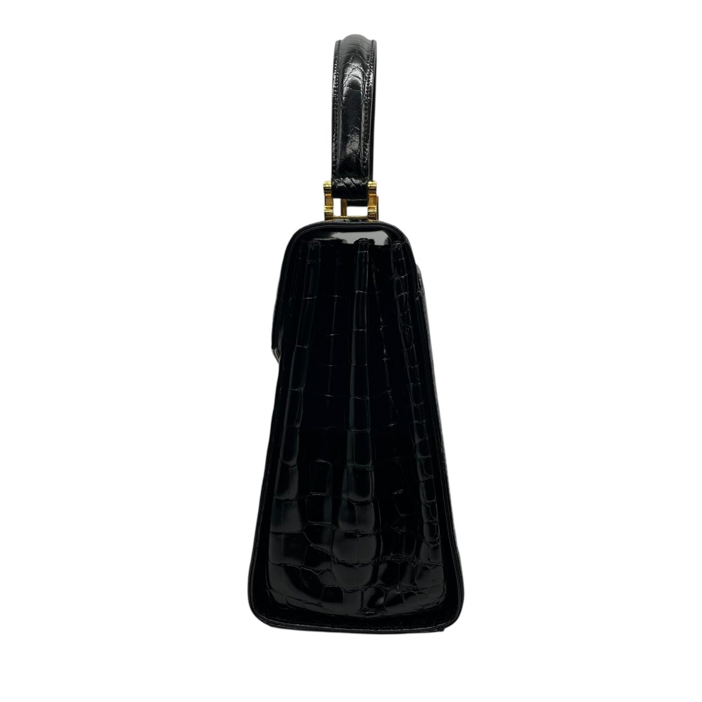 美品 TIFFANY＆Co. ティファニー ハンドバッグ 黒 ブラック レザー クロコ型押し ゴールド金具 手提げ トップハンドル フラップ開閉 レディース B