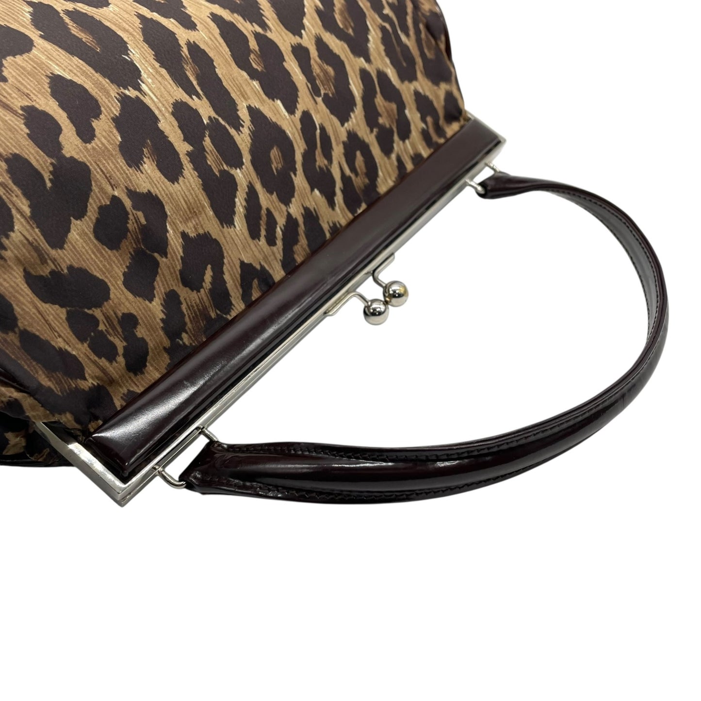美品 DOLCE&GABBANA ドルチェ＆ガッパーナ ハンドバッグ レオパード ヒョウ柄 茶 ブラウン ナイロン パテントレザー シルバー金具 がま口 レディース C3