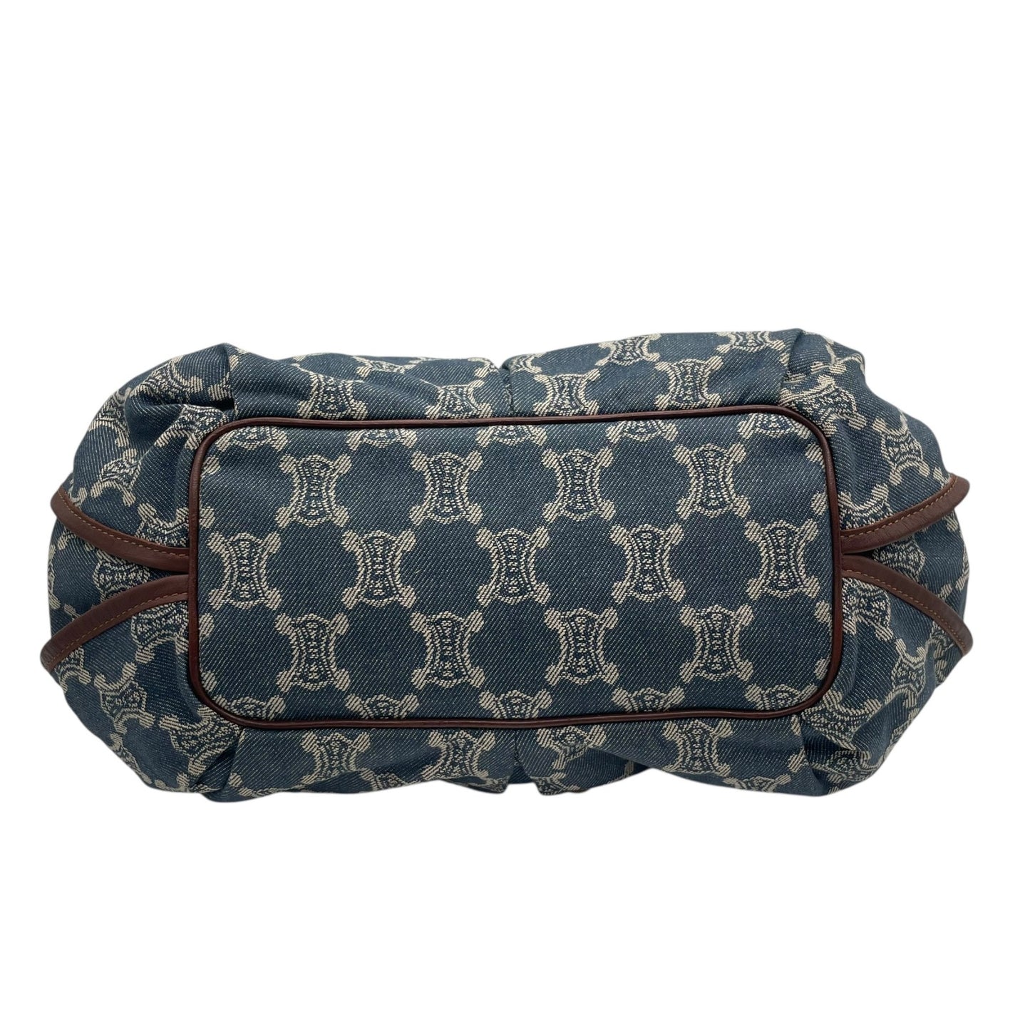 Authentic CELINE Pari Macadam Triomphe Denim Leather Handbag Brown Hardware