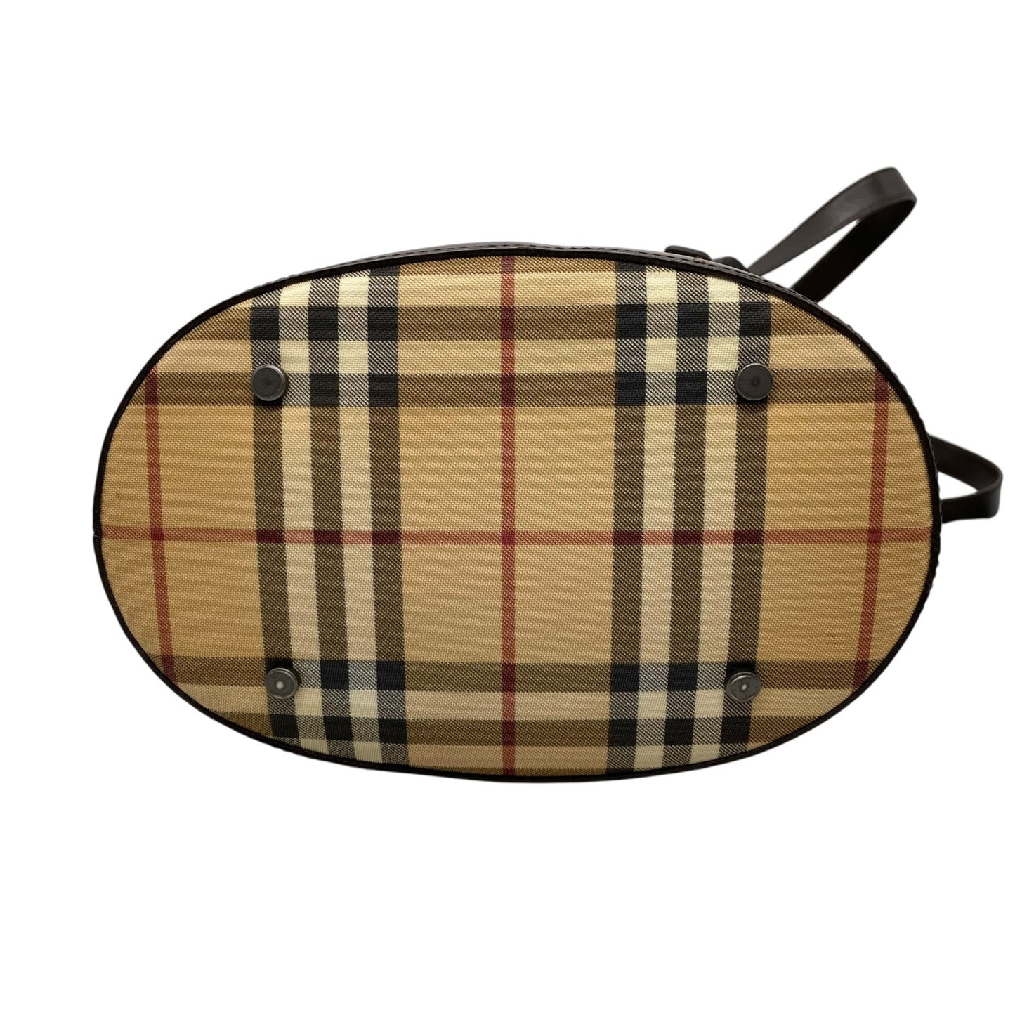美品 BURBERRY バーバリー ノバチェック バケツ型 ショルダーバッグ トートバッグ PVC レザー ベージュ レッド ダークブラウン メンズ レディース 肩掛け C3