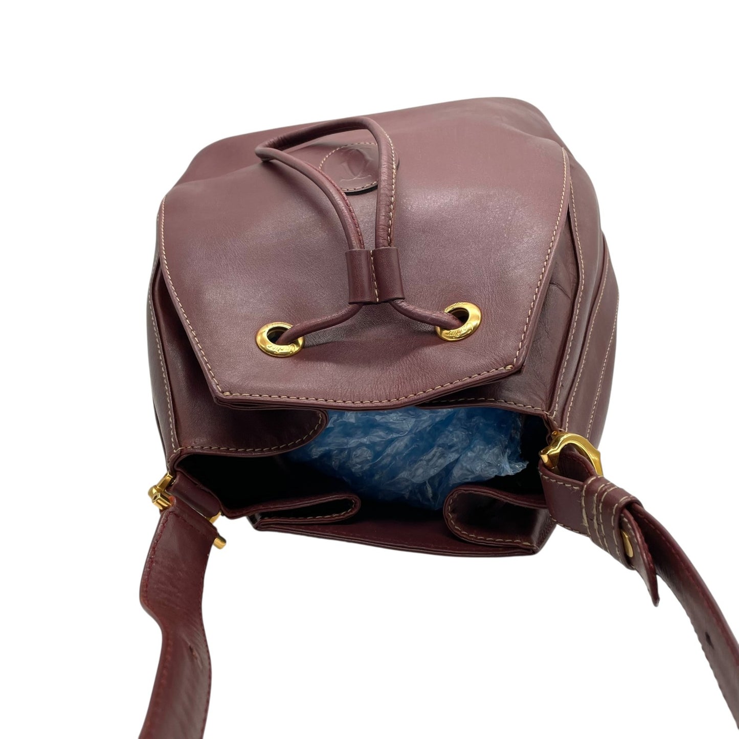 美品 Cartier カルティエ マストライン 巾着型 ショルダーバッグ 赤 ボルドー ワインレッド レザー ゴールド金具 ロゴ 2Cモチーフ 斜め掛け可 レディース ギャランティカード付き K12