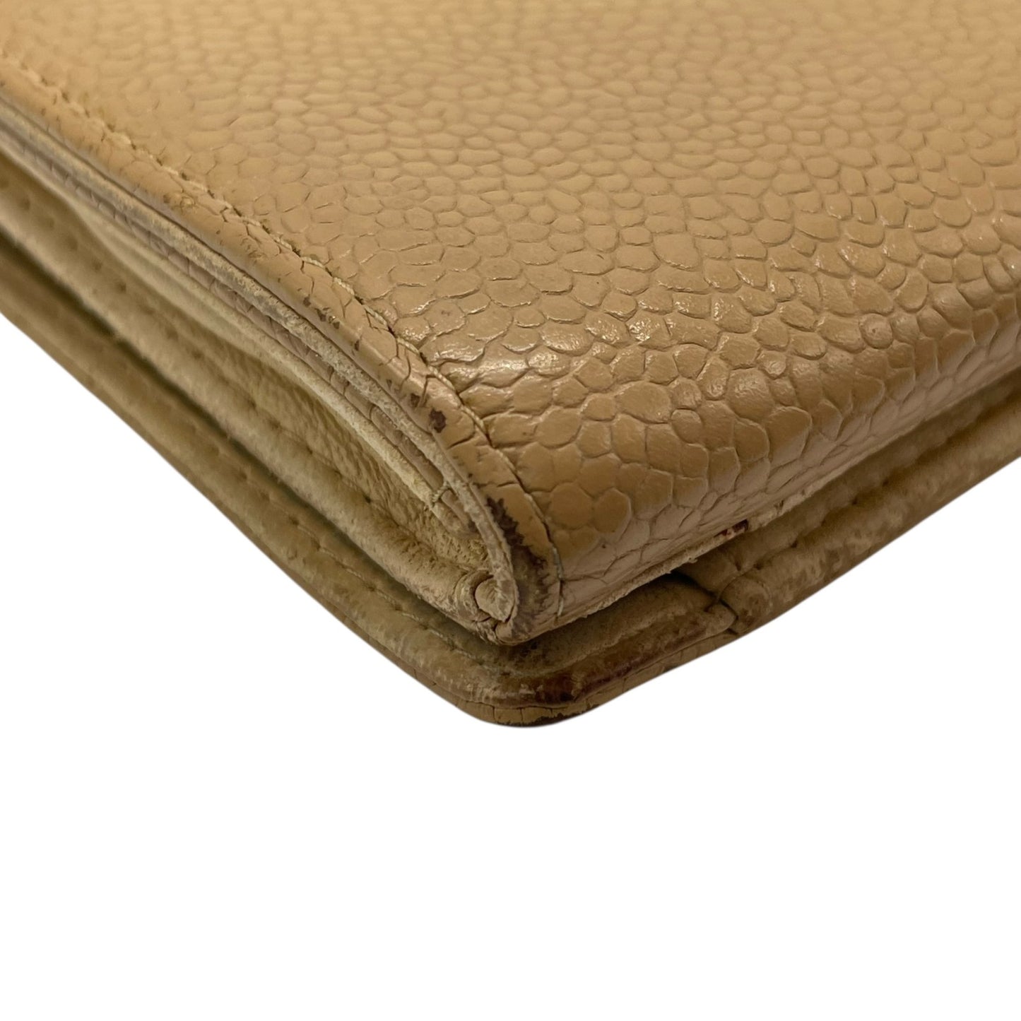 シャネル CHANEL 三つ折り財布 キャビアスキン調 レザー ココマーク 型押し キャメル ゴールド金具 金金具 箱・カード付 シール付 W2