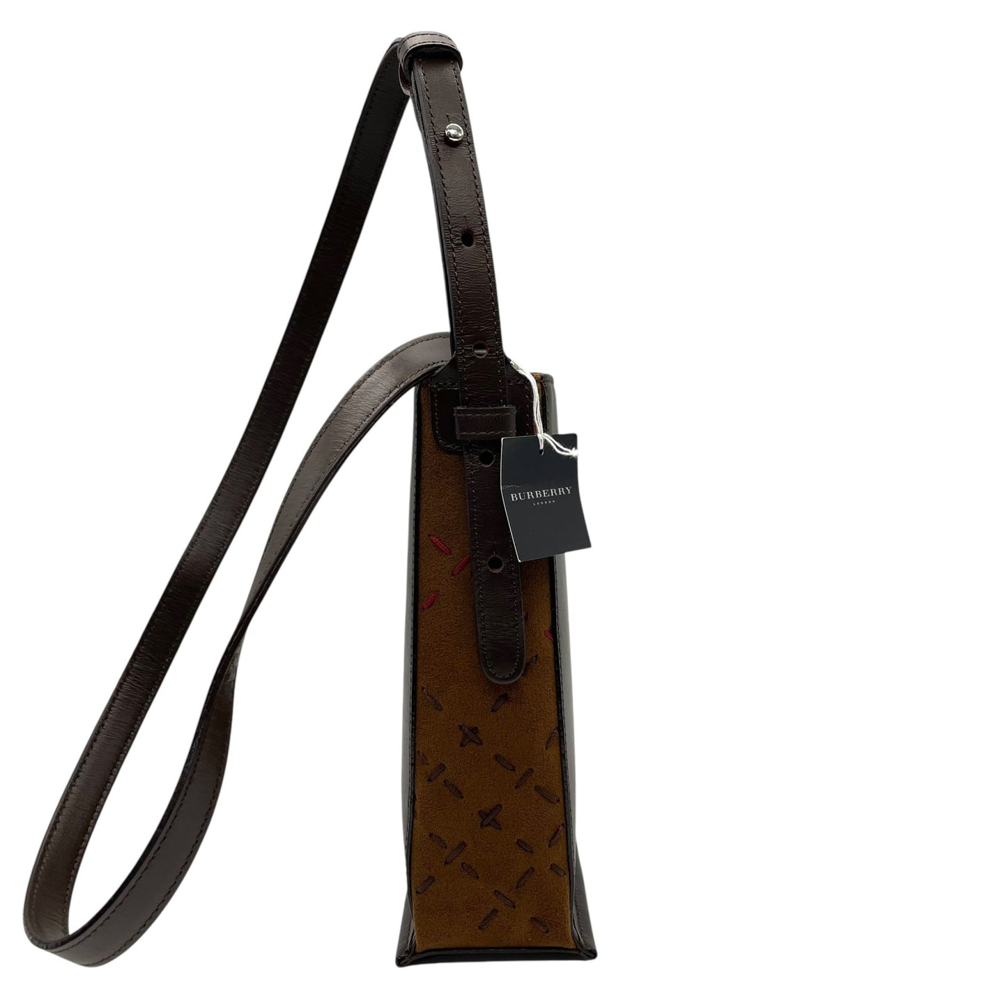 未使用級 BURBERRY バーバリー ショルダーバッグ ロゴ ステッチ 茶 ブラウン レザー スエード シルバー金具 クロスボディ 斜め掛け可 サコッシュ スマホショルダー レディース E