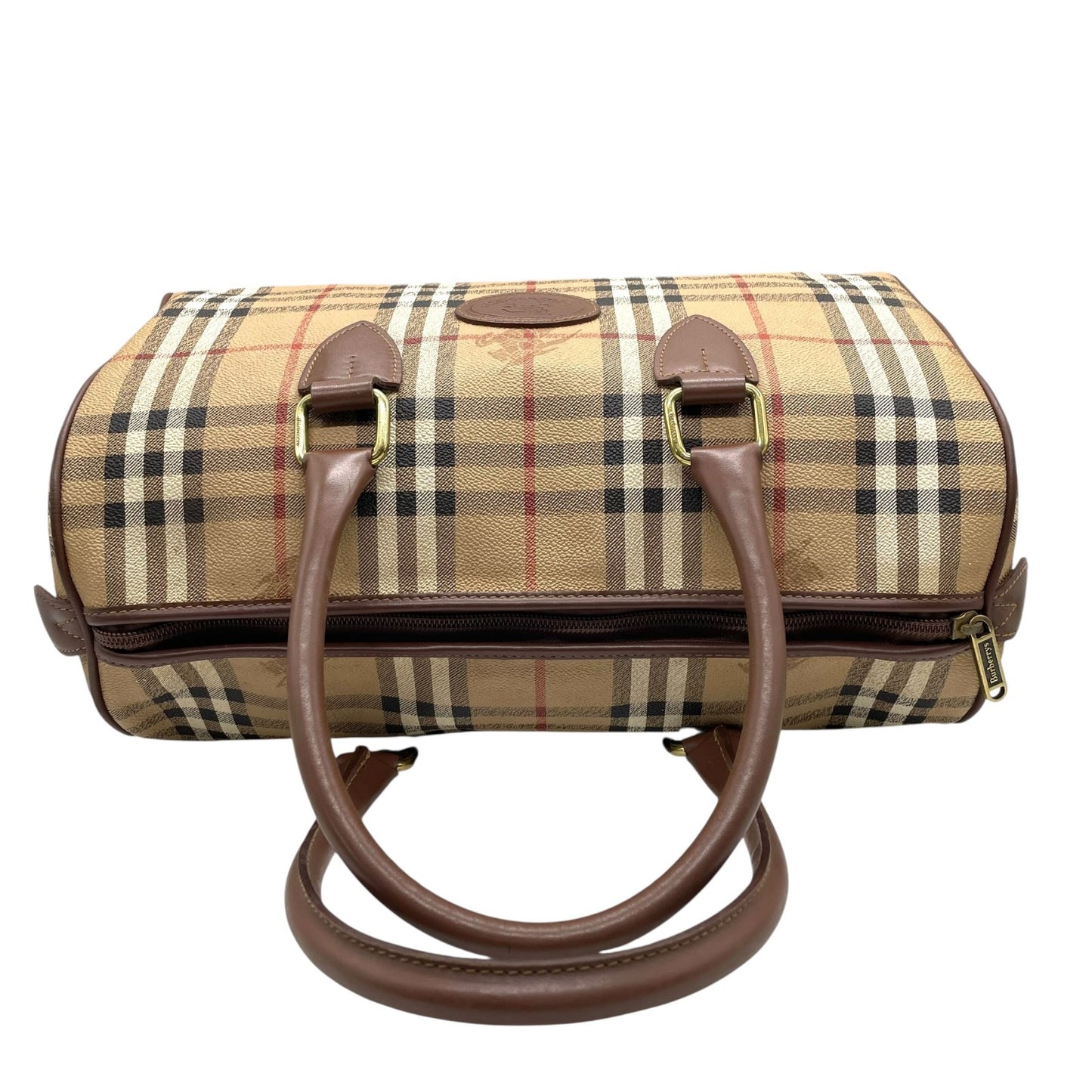 BURBERRY バーバリー ノバチェック シャドーホース ホースロゴ ボストンバッグ 茶 ブラウン ベージュ PVC レザー ゴールド金具 手提げ ヴィンテージ メンズ レディース E