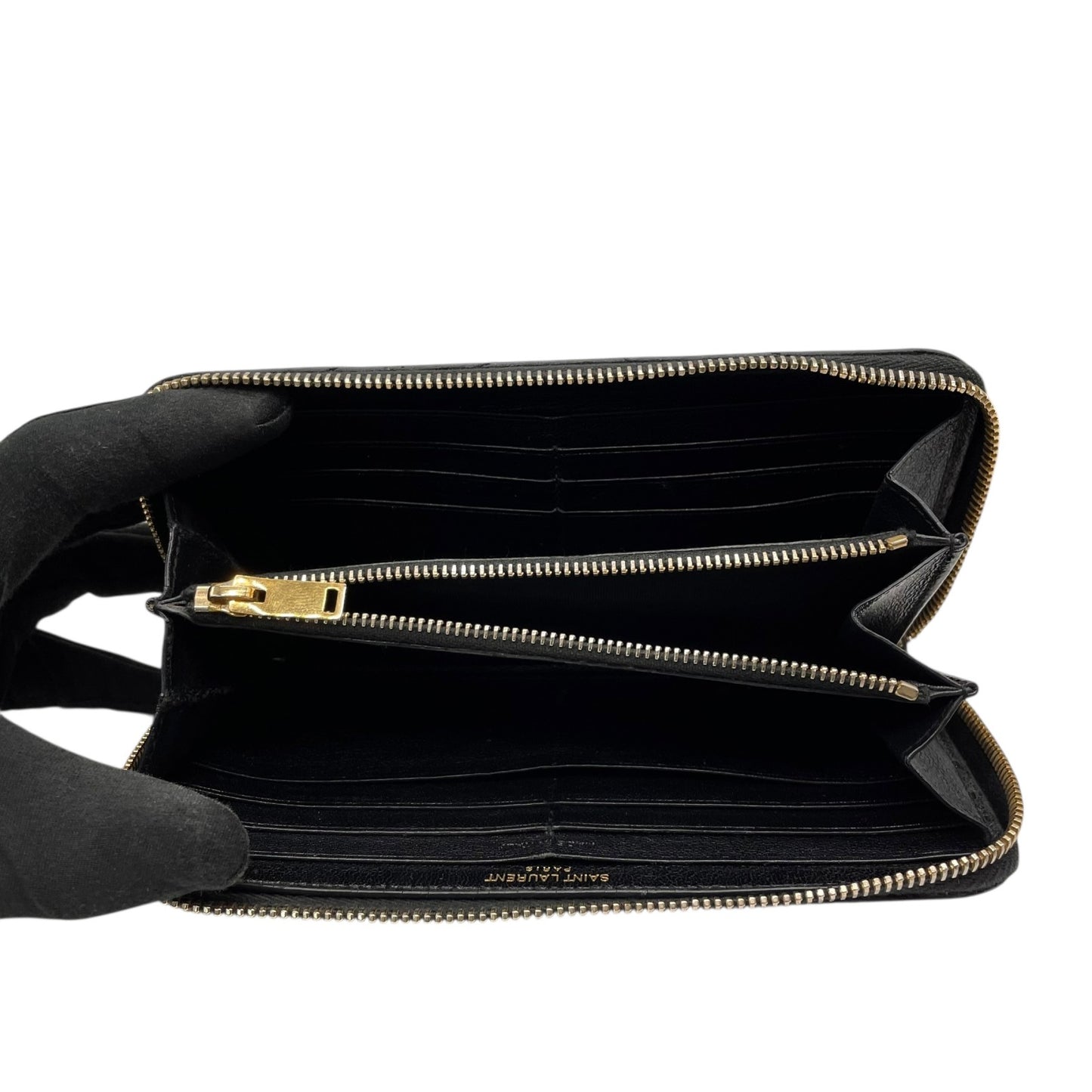 美品 SAINT LAURENT PARIS サンローラン パリ モノグラム Vステッチ ラウンドファスナー 長財布 キャビアスキン レザー ブラック 黒 YSLロゴ 箱あり 高級 w5