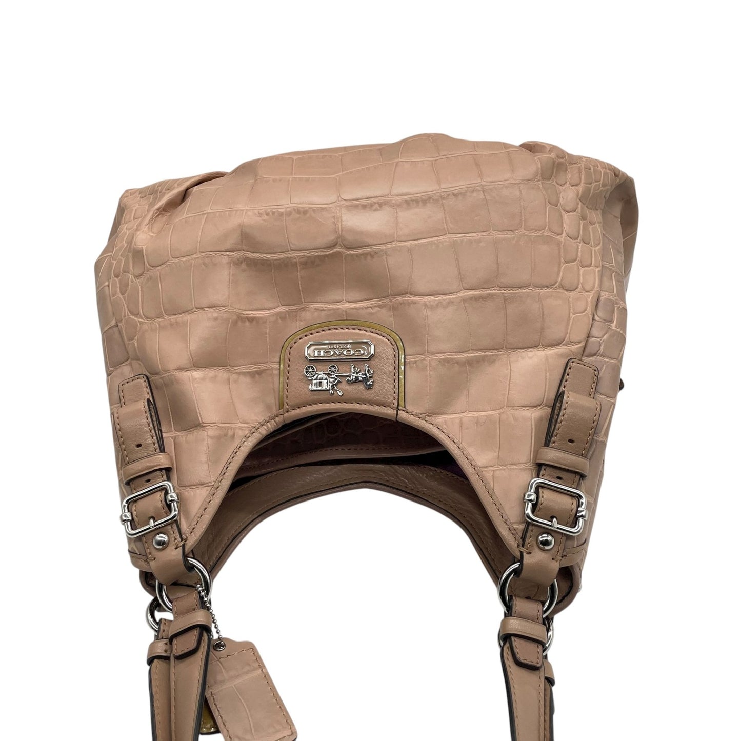 コーチ COACH ショルダーバッグ クロコ型押しレザー ベージュ シルバー金具 ホーボー トート T3