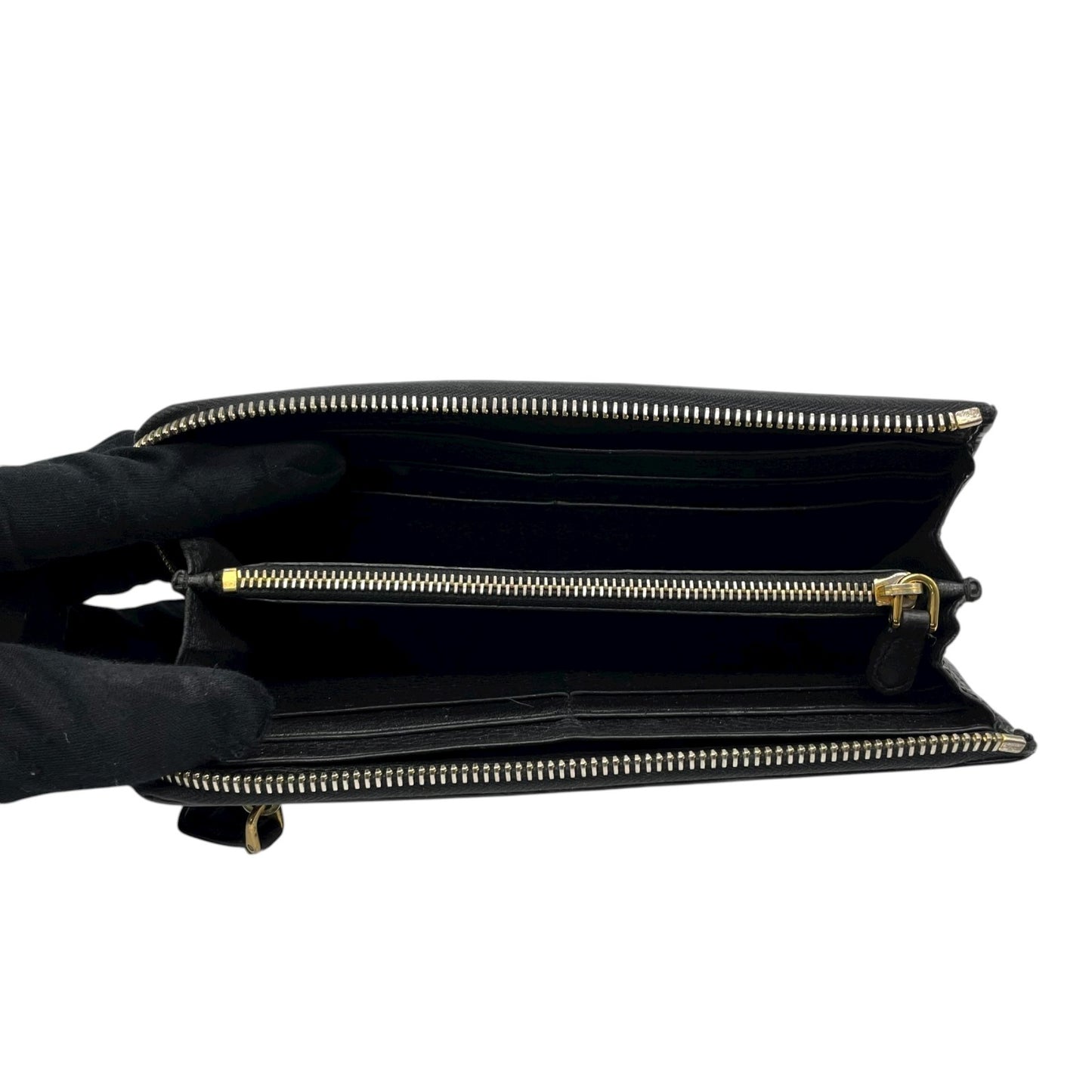 プラダ PRADA レザー ラウンドファスナー 長財布 黒 ブラック 金金具 ゴールドロゴ L字ファスナー 本革 ジップアラウンドウォレット M5