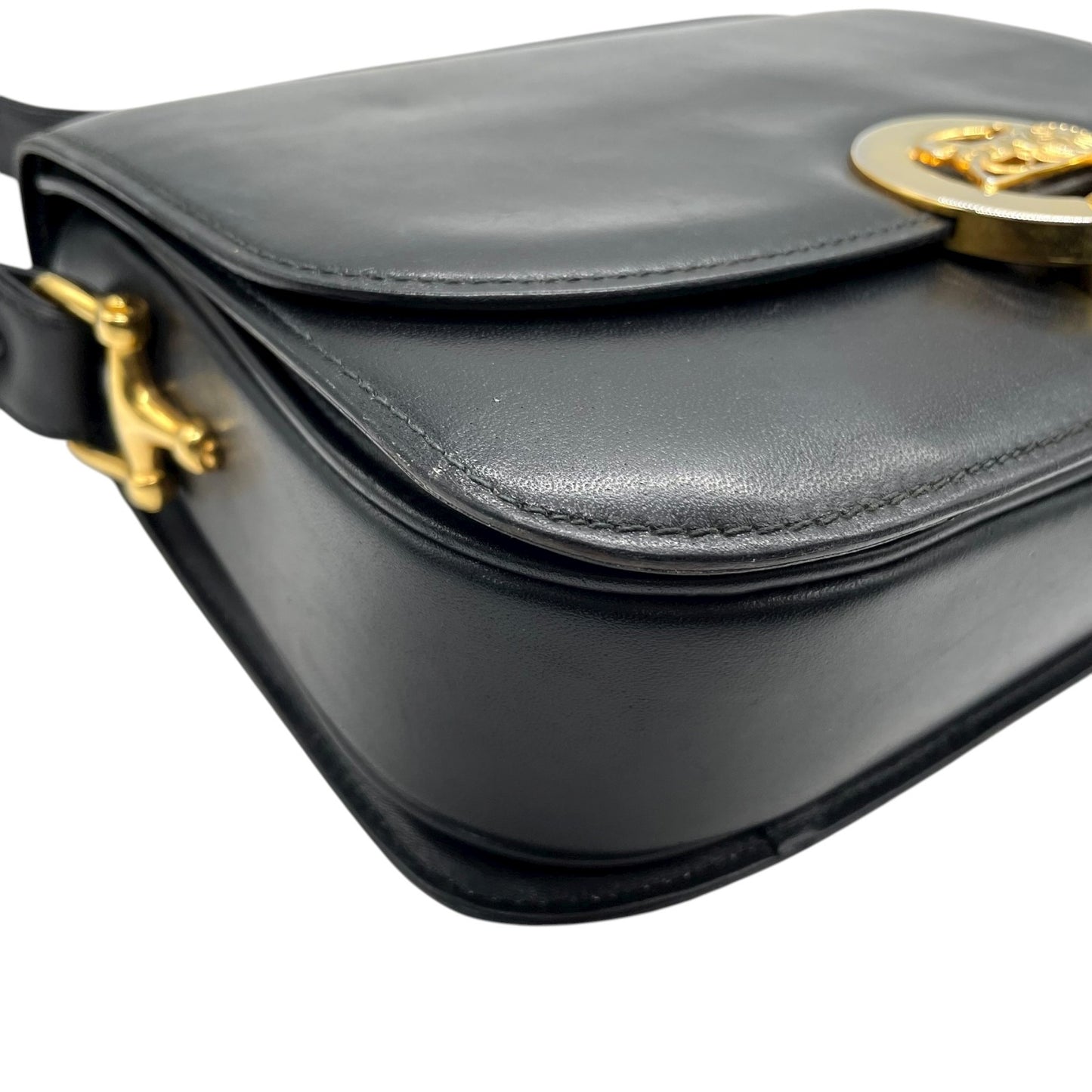 美品 セリーヌ CELINE ホースロゴ ホースキャリッジ金具 ショルダーバッグ 黒 ブラック レザー ヴィンテージ 馬車金具 金金具 ゴールド K5