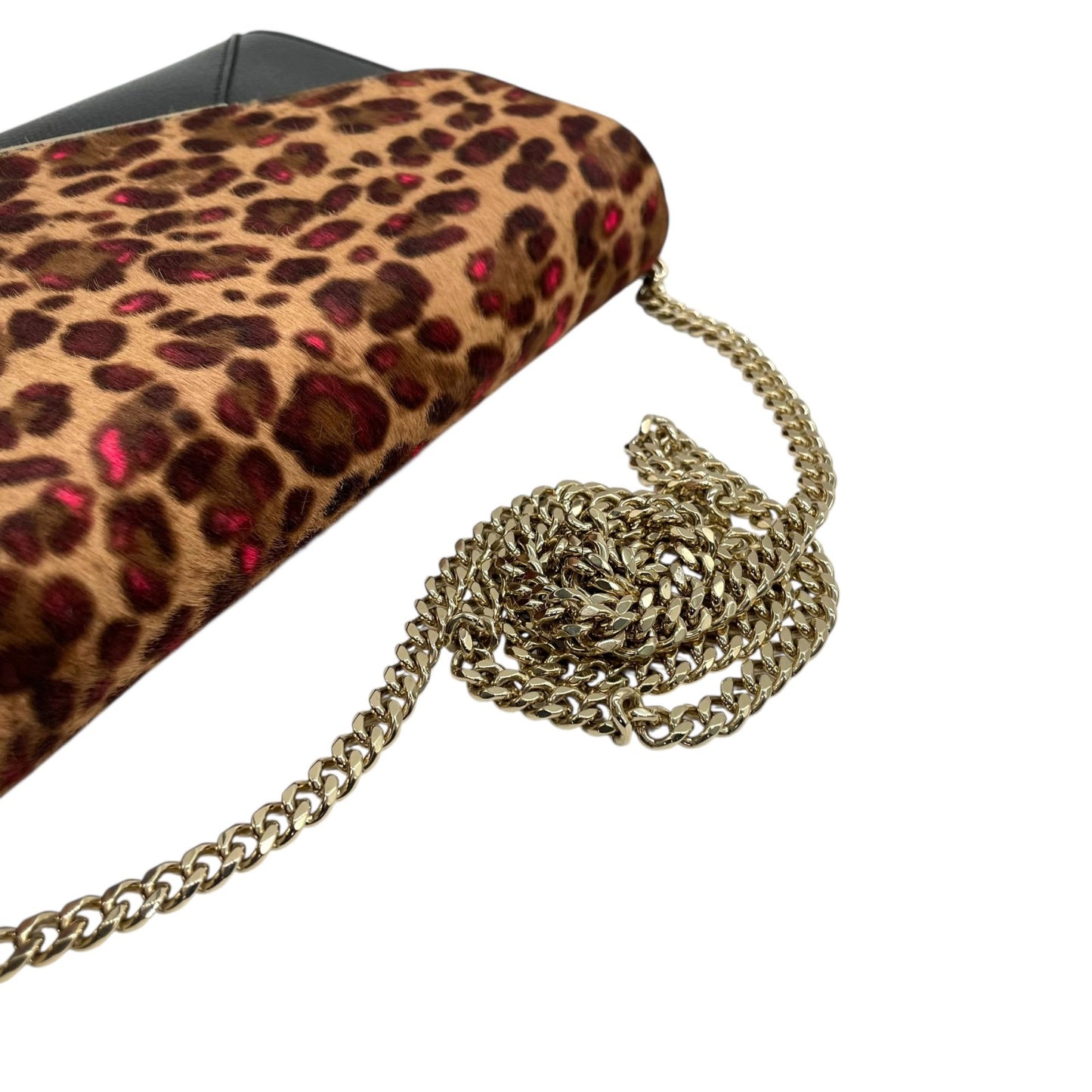 美品 フルラ FURLA チェーンショルダーバッグ チェーンショルダー クラッチバッグ 2WAY レオパード柄 黒 ブラック レザー 型押し 金金具 ゴールド金具 上品 クラッチ S52