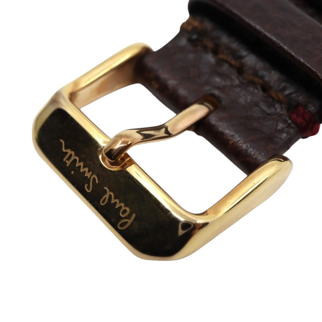 【美品】ポールスミス 腕時計 The City Slim 1005 メンズ クオーツ アナログ シルバーダイヤル ブラウンレザーベルト ゴールドケース シンプル クラシック ビジネス ドレスウォッチ エレガント 薄型 クリーニング済み G2