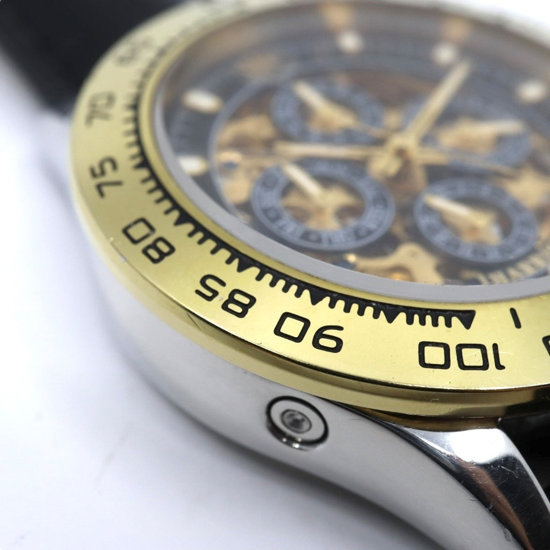 【極美品】ジョン・ハリソン J.Harrison 腕時計 JH-003C スケルトン 自動巻き ゴールド ブラック メンズ レザーベルト アナログ タキメーターベゼル シースルーバック クラシック ゴージャスデザイン G2