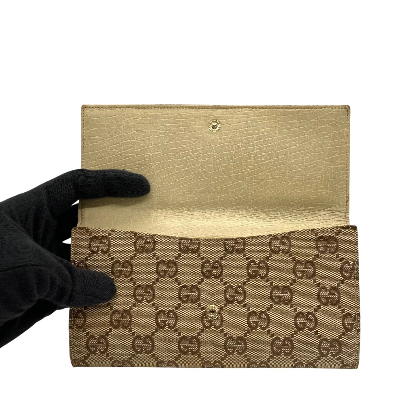 グッチ GUCCI 長財布 GGキャンバス レザー ホースビット ブラウン アイボリー オレンジ GG柄 ゴールド金具 メンズ レディース M1