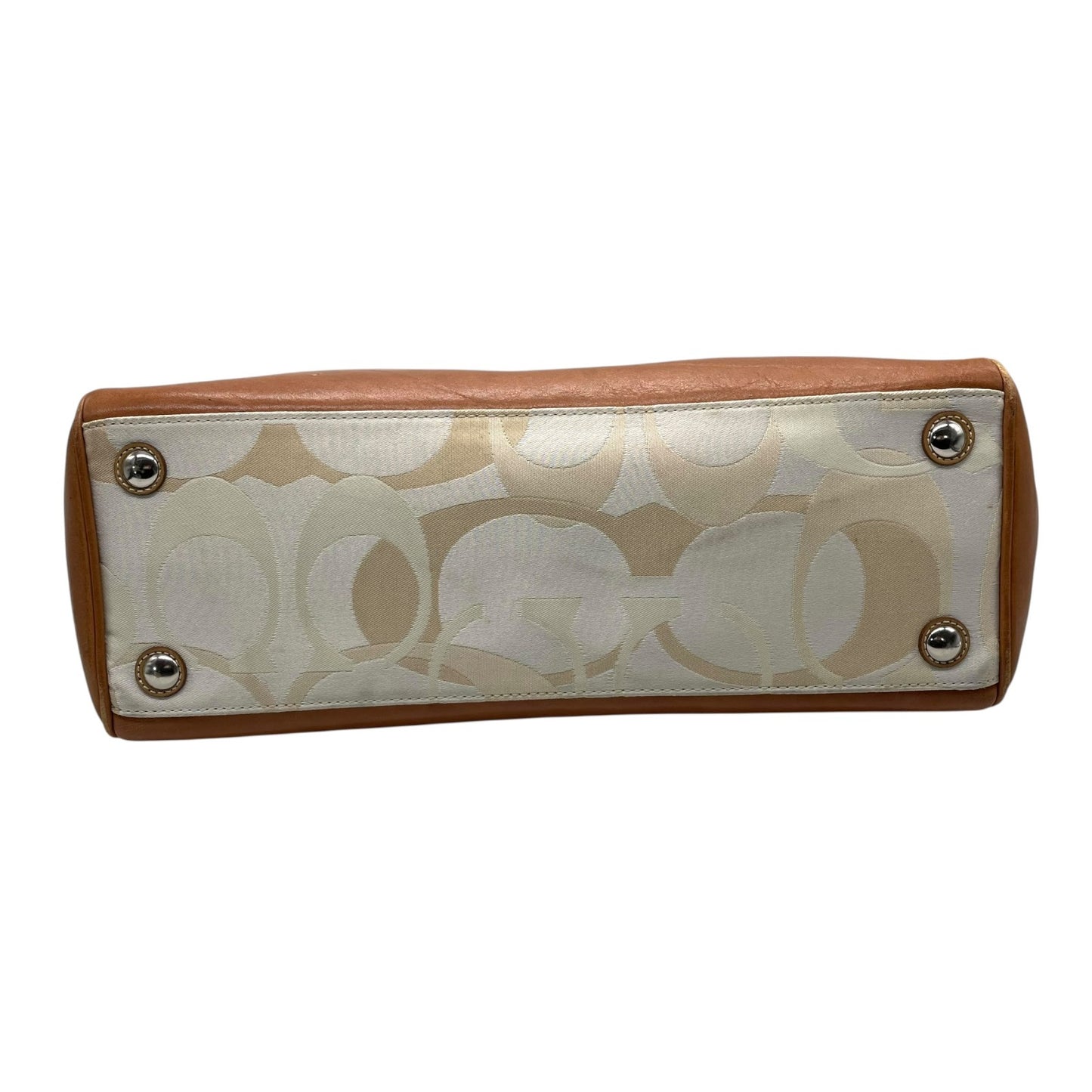 コーチ COACH シグネチャー ハンドバッグ トートバッグ 白 ホワイト 茶 ブラウン キャンバス レザー シルバー金具 ターンロック ロゴチャーム付き スカーフ付き 肩掛け可 レディース T1