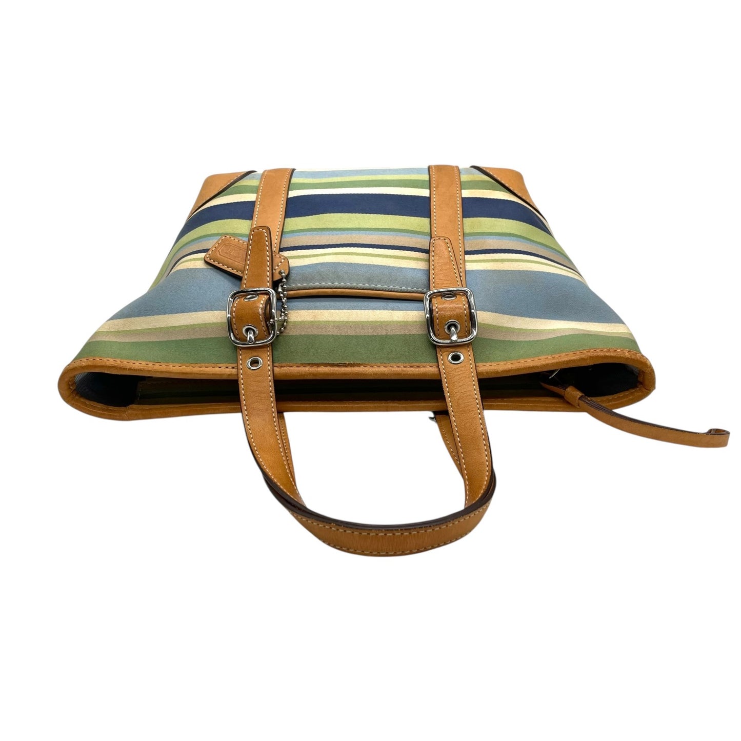 コーチ COACH ハンドバッグ ミニトート マルチストライプ ボーダー キャンバス レザー ロゴチャーム ファスナー開閉 ネイビー ブルー グリーン マルチカラー シルバー金具 手提げ レディース T1