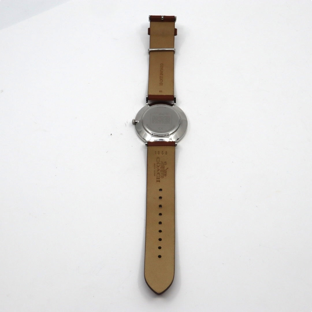 未使用級 美品 電池交換済 コーチ COACH ペリー PERRY 腕時計 CA.120.7.14.1596 レディースウォッチ クォーツ シルバー文字盤 ブラウン レザーベルト アナログ シンプル エレガント クラシック ビジネス 普段使い 稼働品 G3