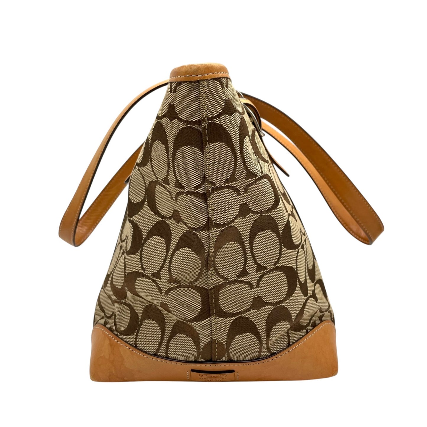 COACH コーチ シグネチャー キャンバス トートバッグ レザー 茶 ブラウン ベージュ シルバー金具 肩掛け可 ファスナー開閉 レディース S11