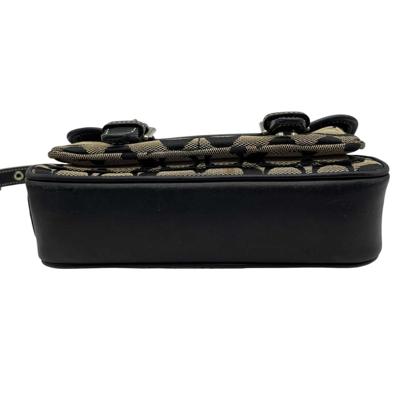 COACH コーチ ショルダーバッグ シグネチャー キャンバス レザー 黒 ブラック ベージュ シルバー金具 フラップ ベルト 横長 Y2K ミニバッグ 斜め掛け可 レディース S6