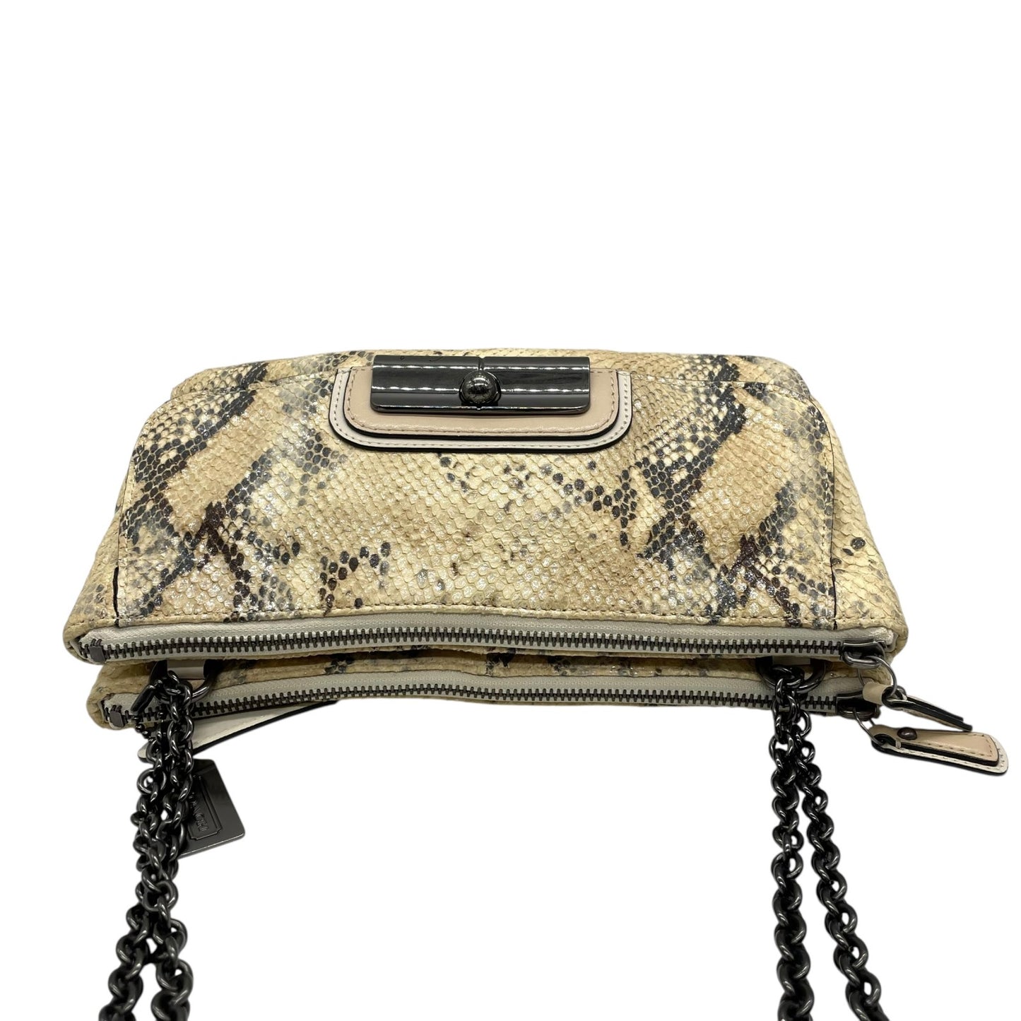 COACH コーチ ハンドバッグ ワンショルダー ベージュ レザー 型押し エンボス チェーンショルダー 肩掛け可 ロゴ チャーム付き レディース S30