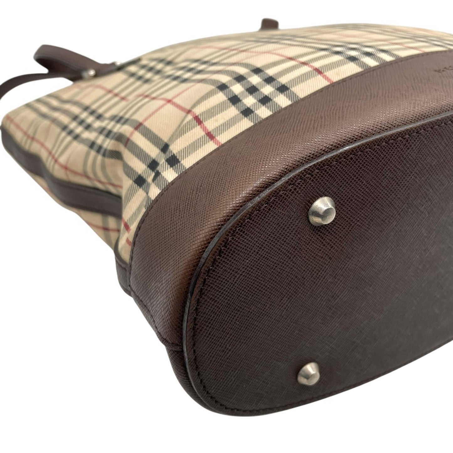 バーバリー BURBERRY トートバッグ ノバチェック キャンバス レザー ベージュ ブラウン 茶 シルバー金具 バケツ型 ロゴ型押し レディース A8